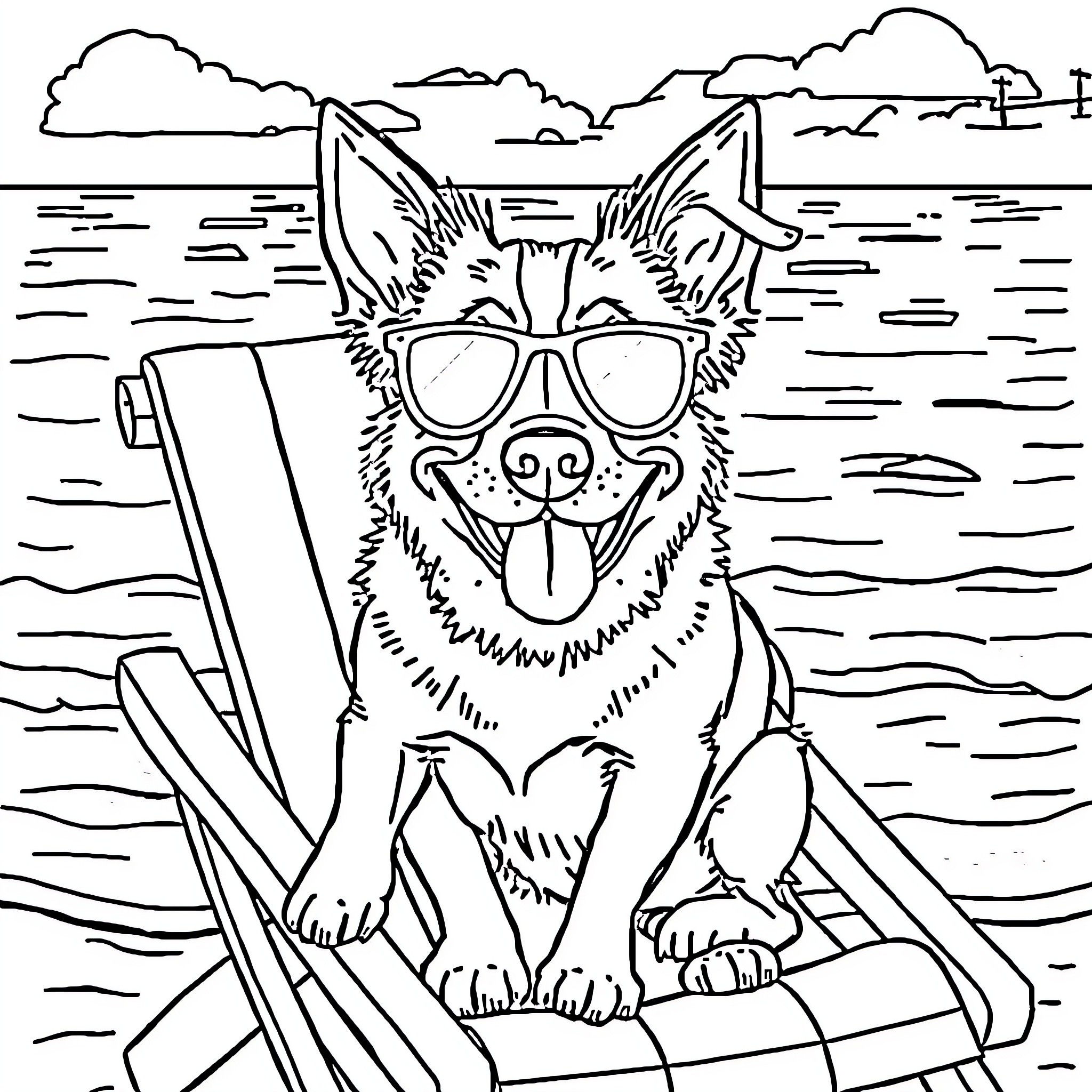 Dog enjoying a day at the beach Coloring Page (free black-and-white line drawing printable PDF for all, from beginners to advanced learners, including children, teens, adults, and seniors)