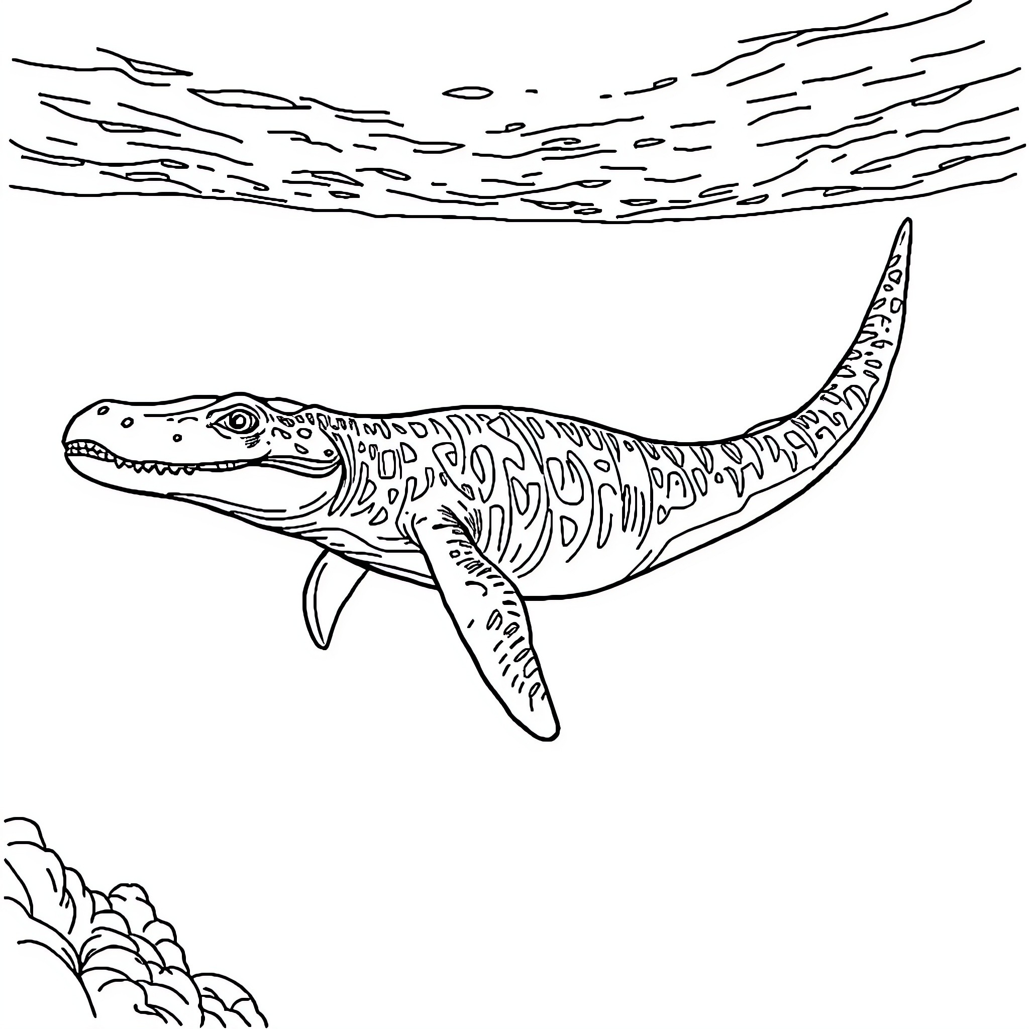 Mosasaurus swimming in the ocean Coloring Page (free black-and-white line drawing printable PDF for all, from beginners to advanced learners, including children, teens, adults, and seniors)