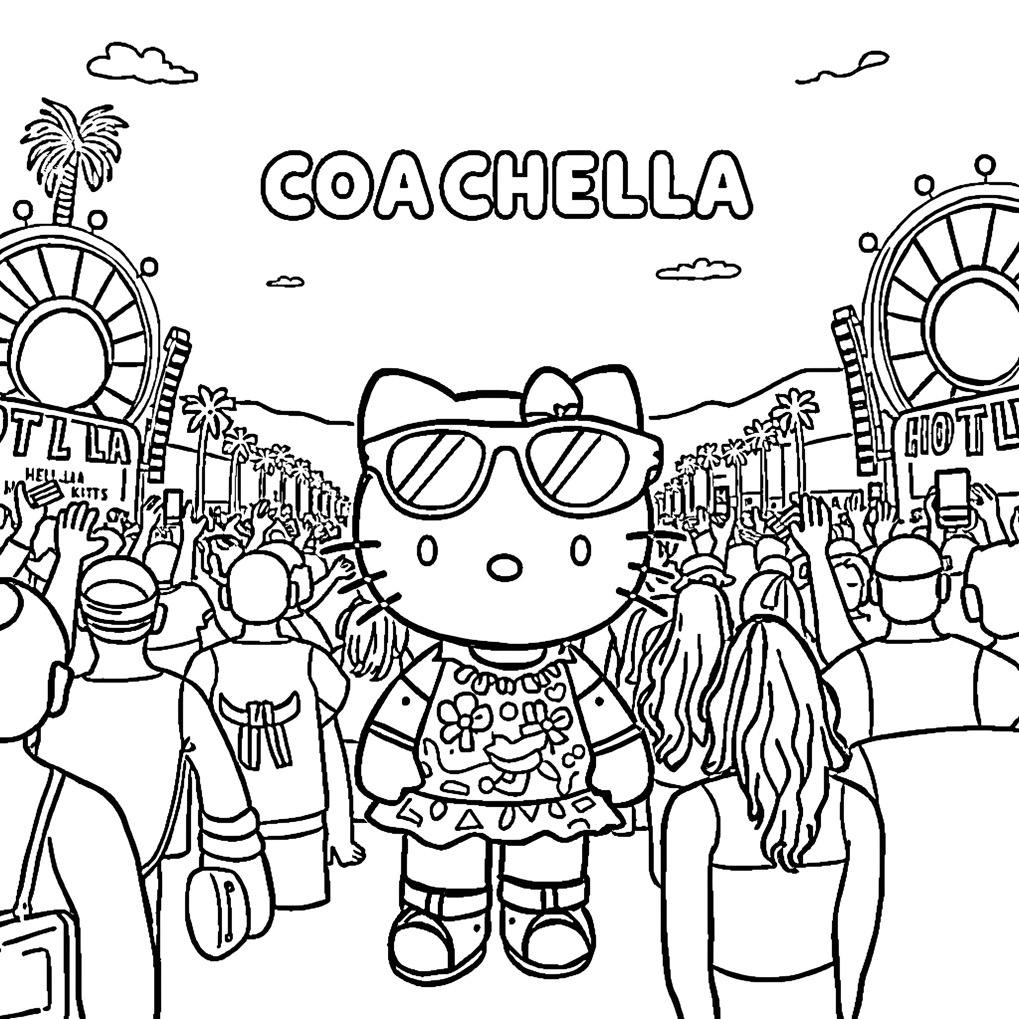 Hello Kitty attending the Coachella music festival Coloring Page (free black-and-white line drawing printable PDF for all, from beginners to advanced learners, including children, teens, adults, and seniors)
