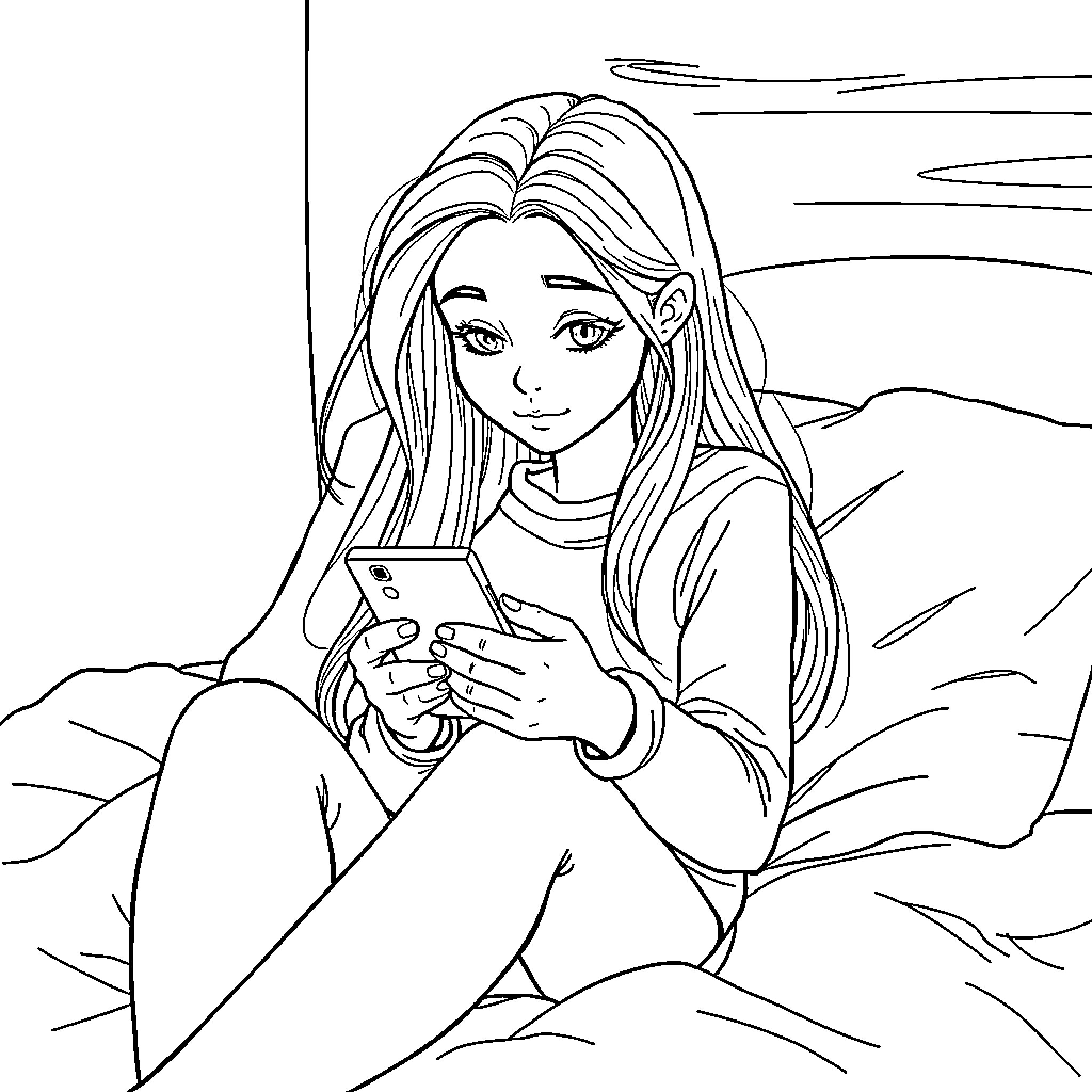 Girl using smartphone in nature Coloring Page (free black-and-white line drawing printable PDF for all, from beginners to advanced learners, including children, teens, adults, and seniors)
