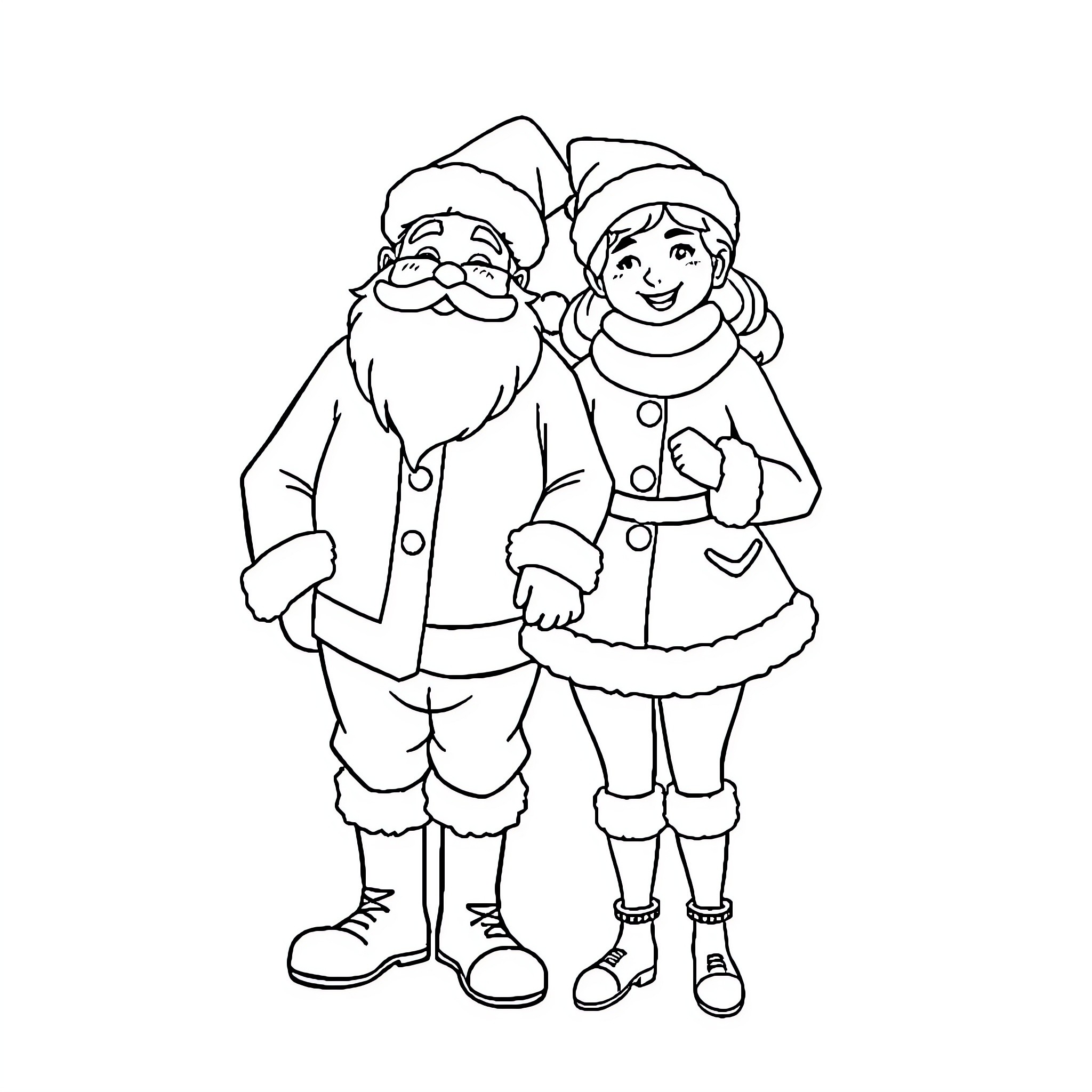Santa Claus and helper in festive outfits Coloring Page (free black-and-white line drawing printable PDF for all, from beginners to advanced learners, including children, teens, adults, and seniors)