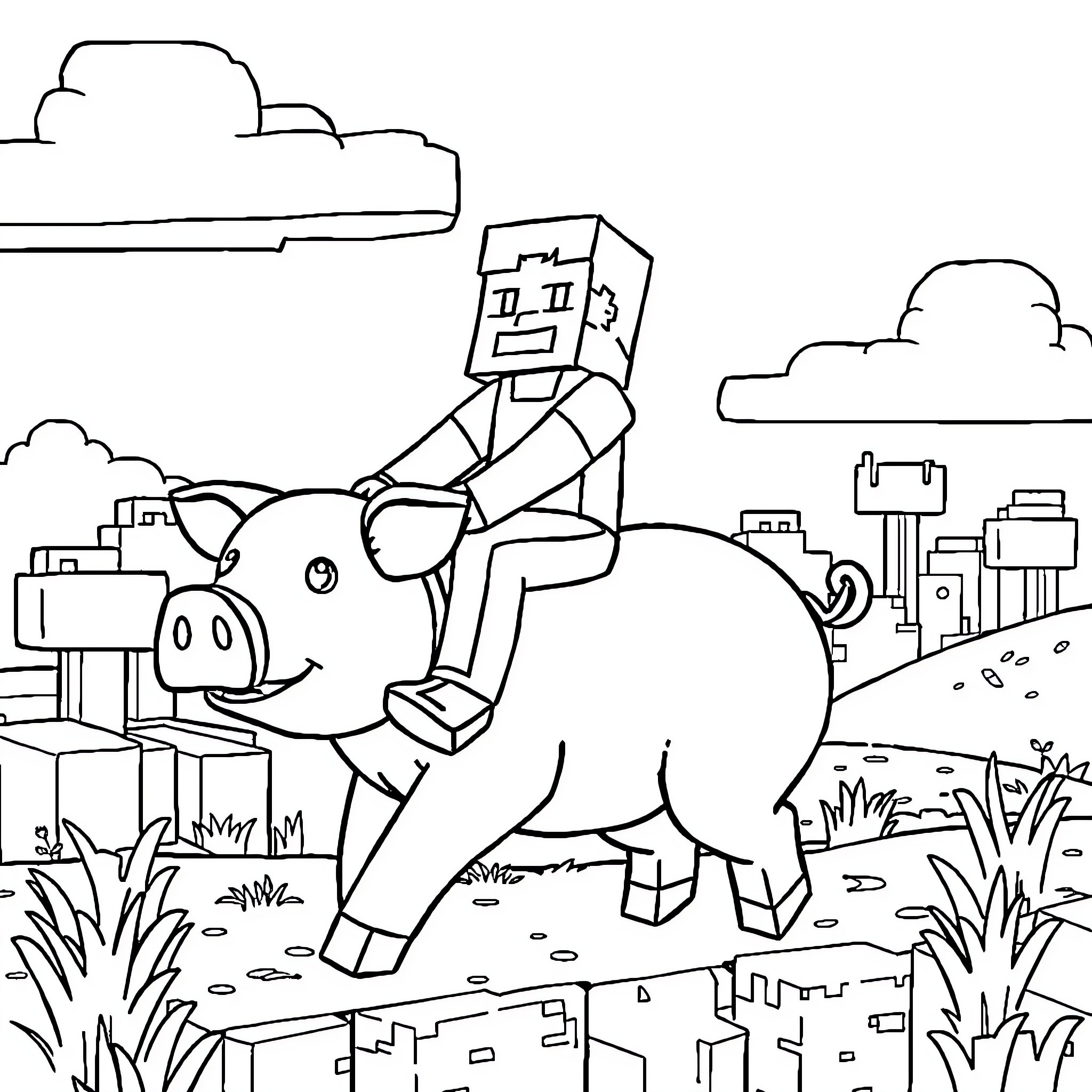Steve rides a happy pig through the countryside Coloring Page (free black-and-white line drawing printable PDF for all, from beginners to advanced learners, including children, teens, adults, and seniors)