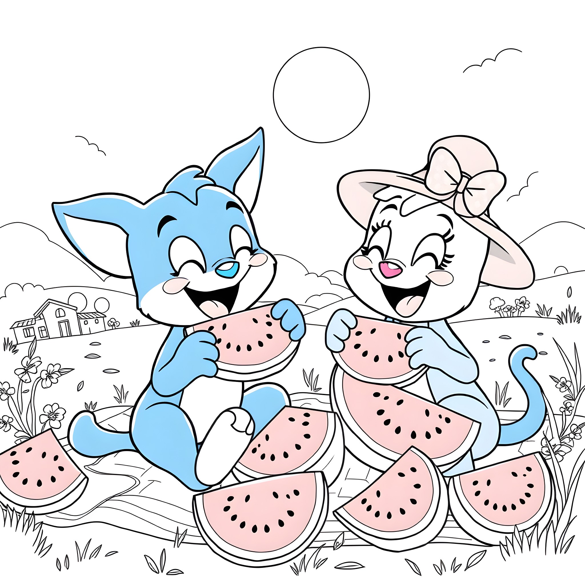 Bluey and Friends Enjoy Watermelon on a Sunny Day Coloring Page (free black-and-white line drawing printable PDF for all, from beginners to advanced learners, including children, teens, adults, and seniors)