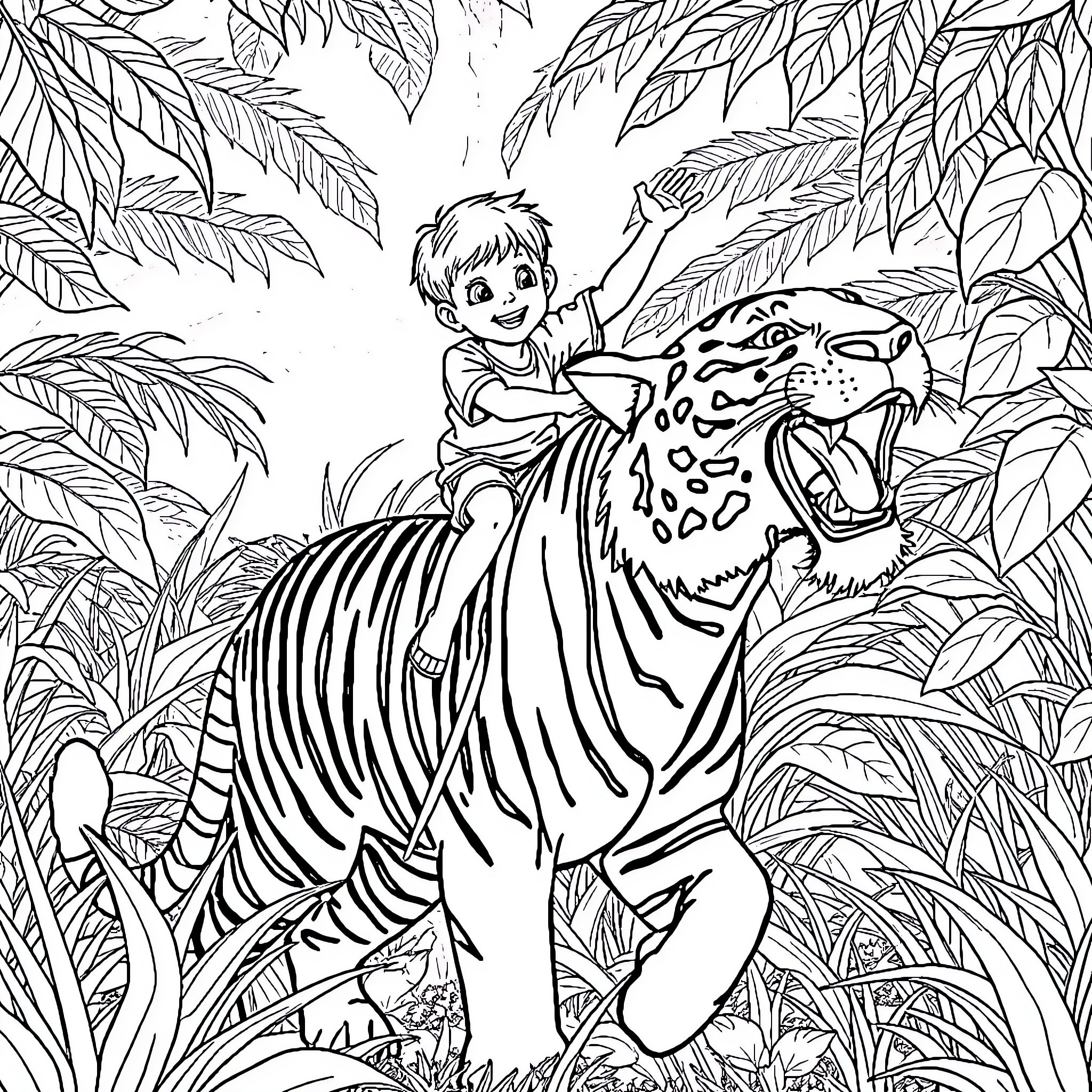 Boy riding on a friendly tiger in the jungle Coloring Page (free black-and-white line drawing printable PDF for all, from beginners to advanced learners, including children, teens, adults, and seniors)
