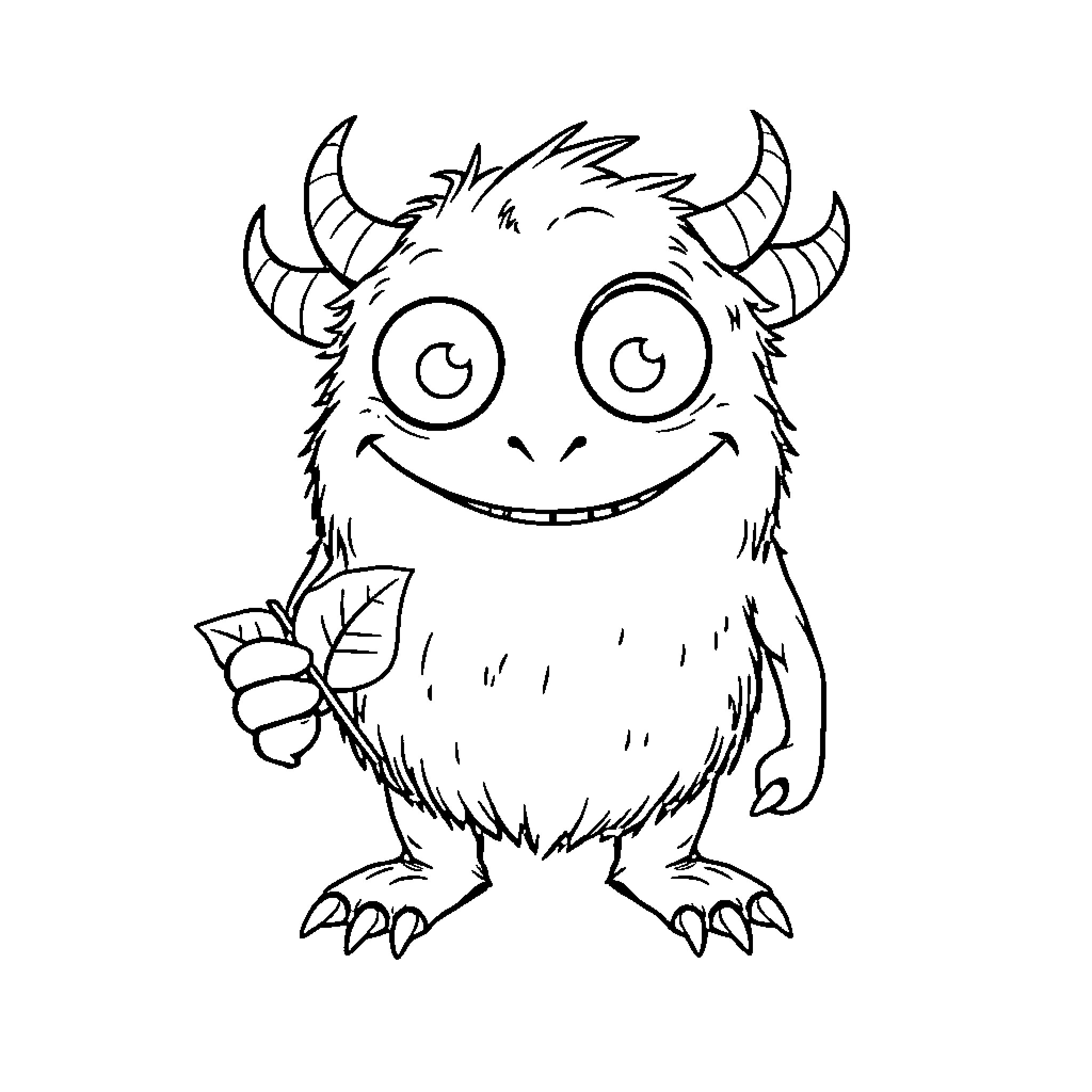 Monster Joyfully Holding a Leaf Coloring Page (free black-and-white line drawing printable PDF for all, from beginners to advanced learners, including children, teens, adults, and seniors)