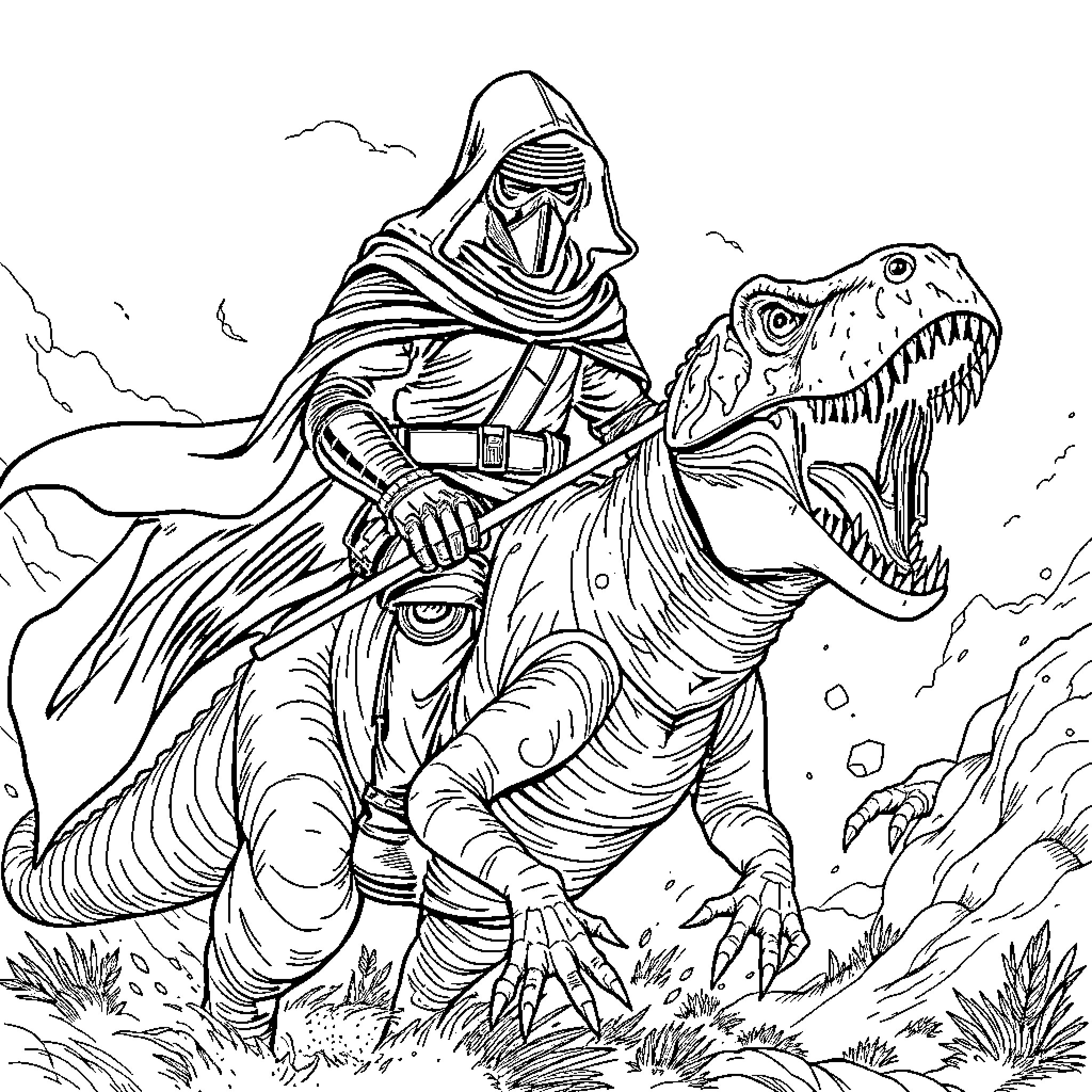 Kylo Ren riding a fearsome dinosaur through a desolate landscape Coloring Page (free black-and-white line drawing printable PDF for all, from beginners to advanced learners, including children, teens, adults, and seniors)