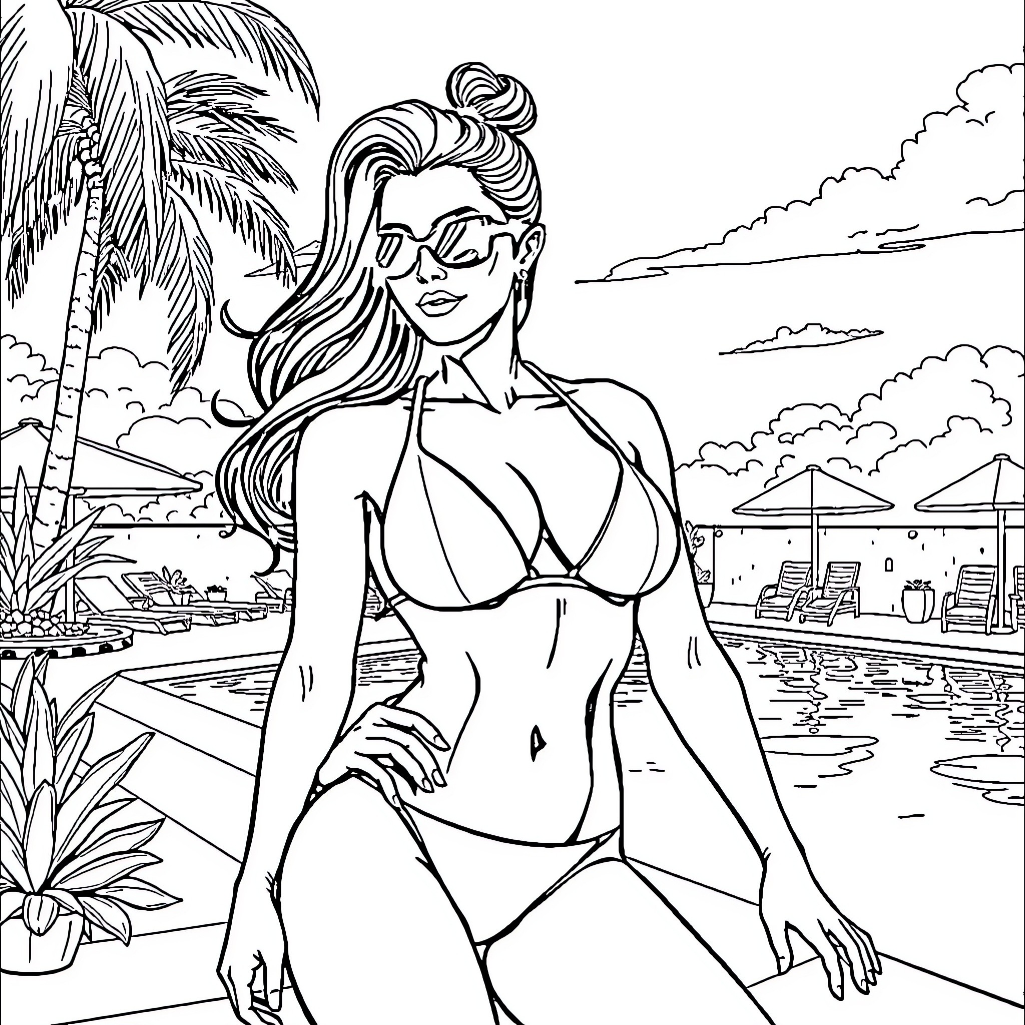 Psylocke enjoying a sunny day at the beach Coloring Page (free black-and-white line drawing printable PDF for all, from beginners to advanced learners, including children, teens, adults, and seniors)