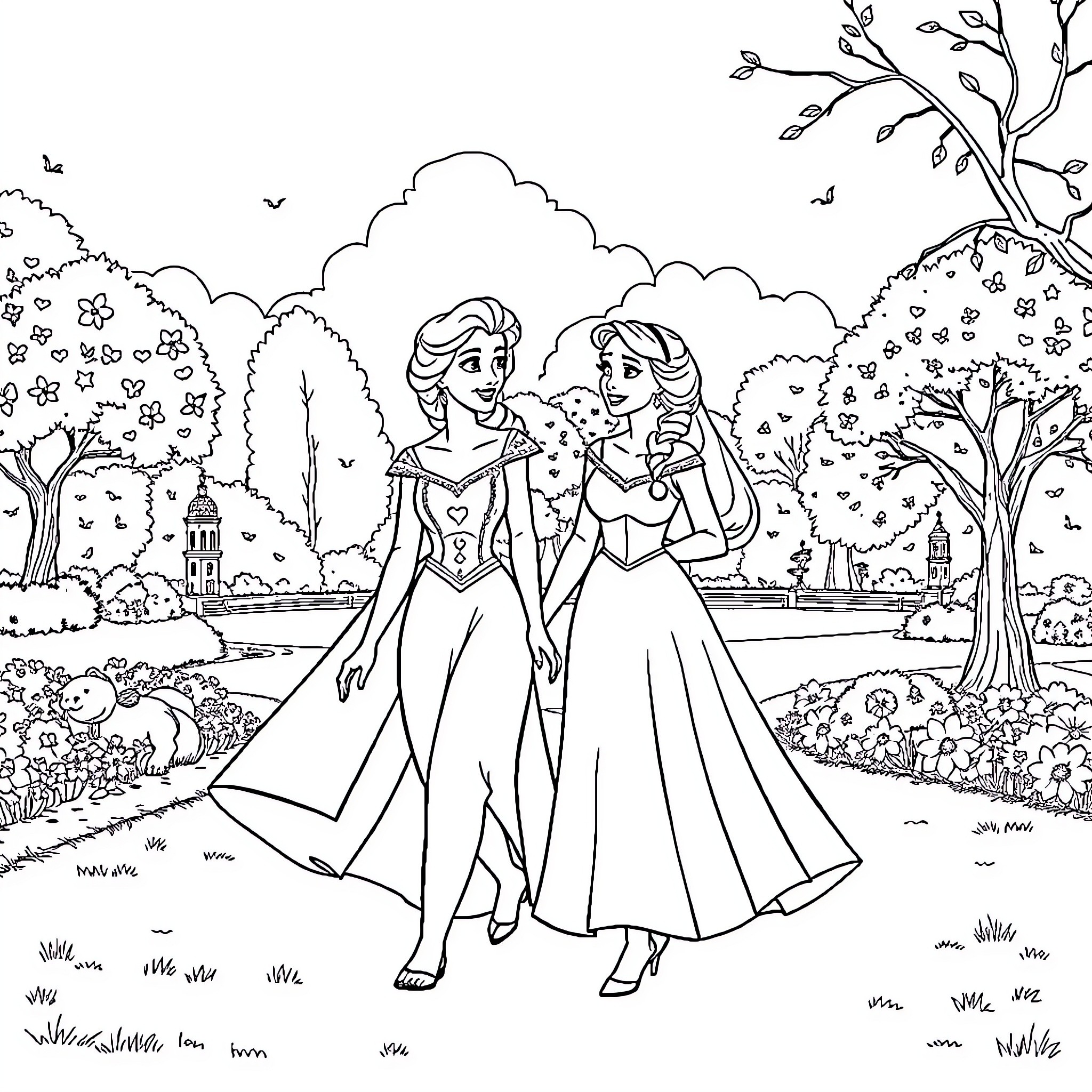 Elsa and Anna enjoying a stroll in the castle gardens Coloring Page (free black-and-white line drawing printable PDF for all, from beginners to advanced learners, including children, teens, adults, and seniors)