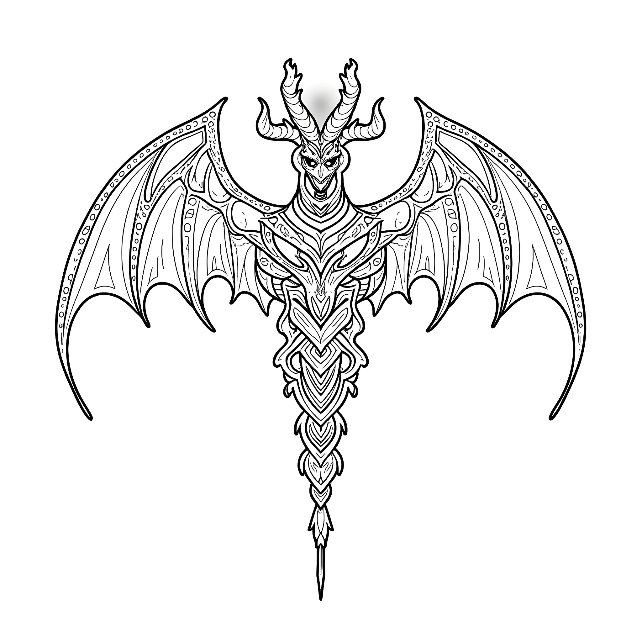 Demon dragon with intricate wings and horns Coloring Page (free black-and-white line drawing printable PDF for all, from beginners to advanced learners, including children, teens, adults, and seniors)