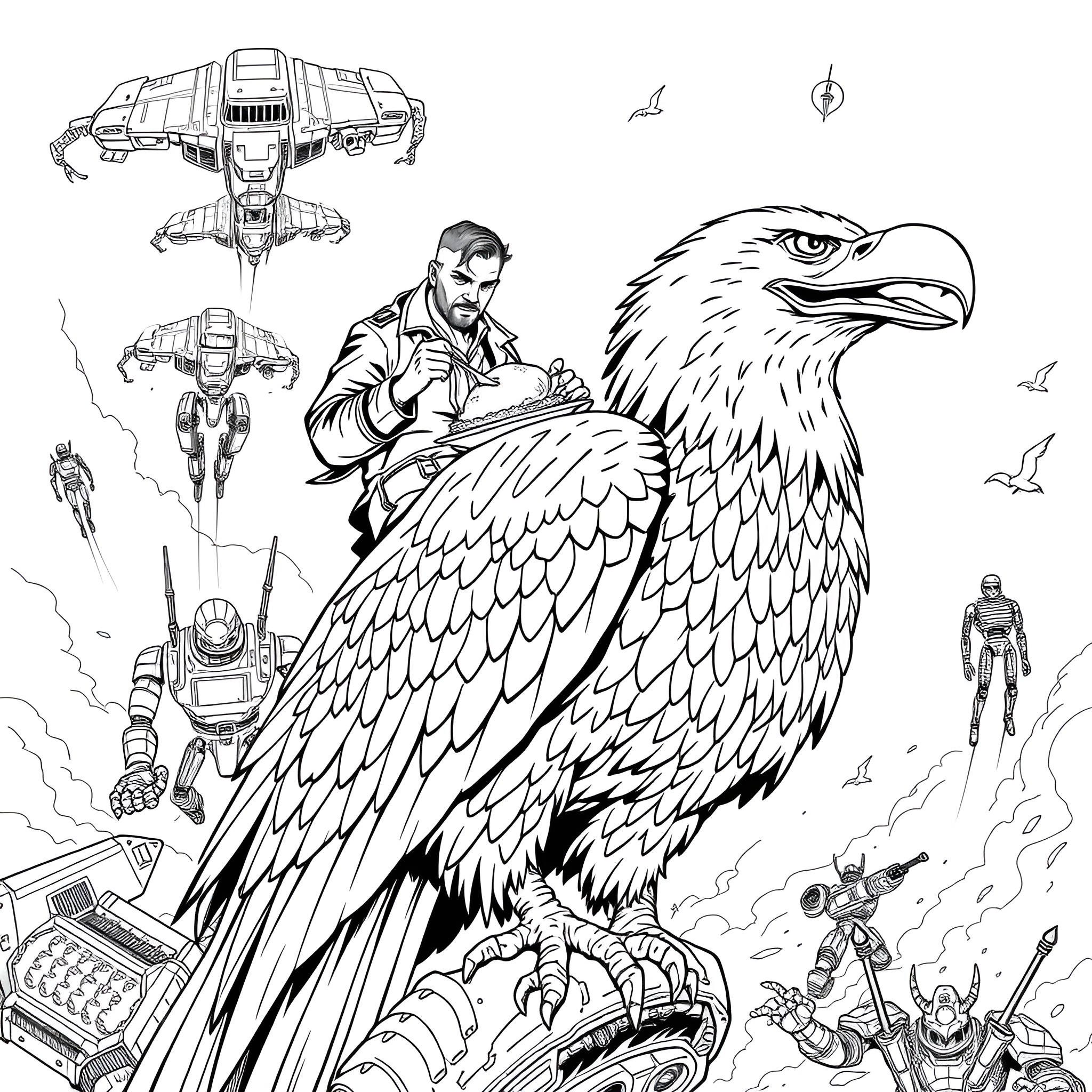 Man with giant eagle overlooking futuristic scene Coloring Page (free black-and-white line drawing printable PDF for all, from beginners to advanced learners, including children, teens, adults, and seniors)