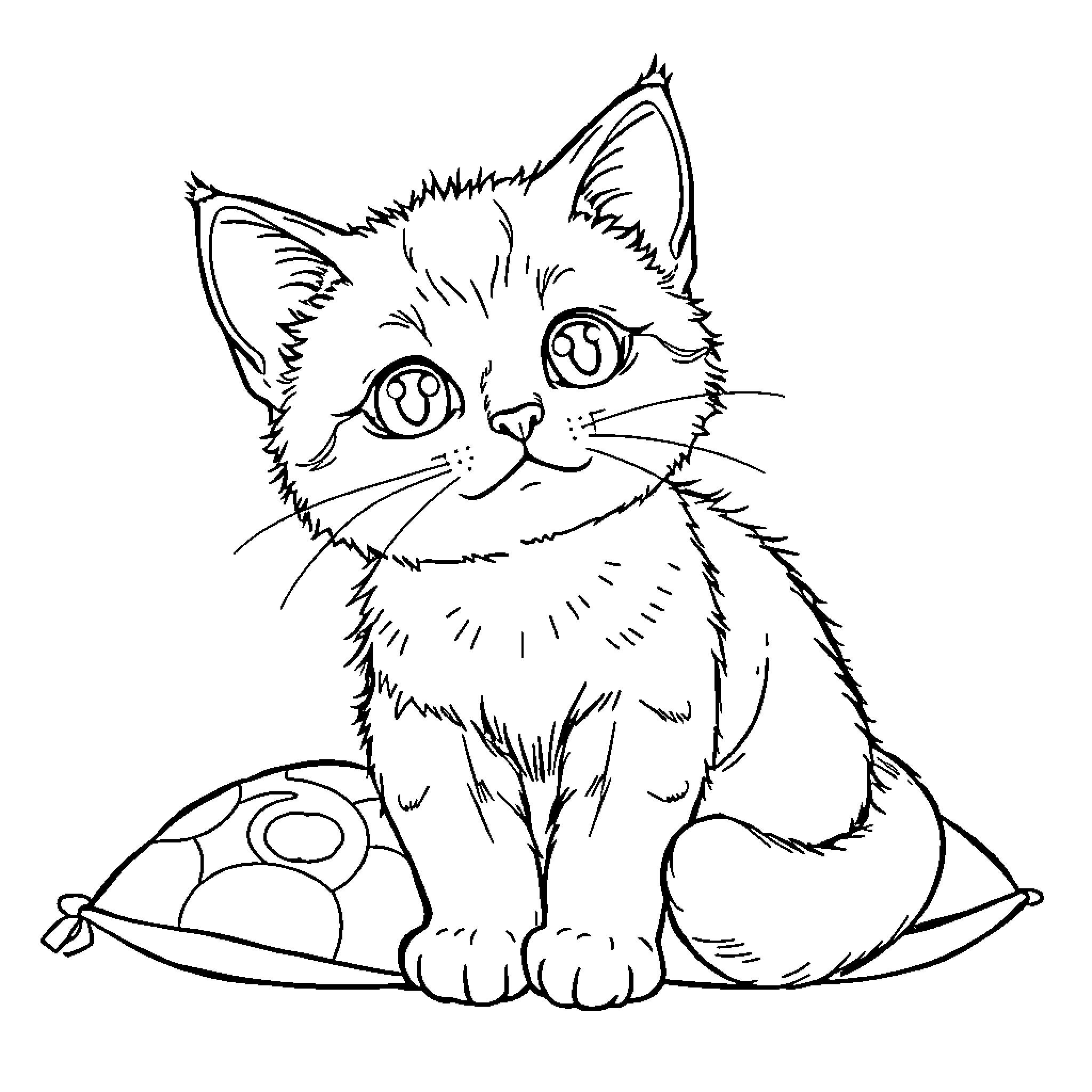 Kitten sitting curiously on a patterned surface Coloring Page (free black-and-white line drawing printable PDF for all, from beginners to advanced learners, including children, teens, adults, and seniors)