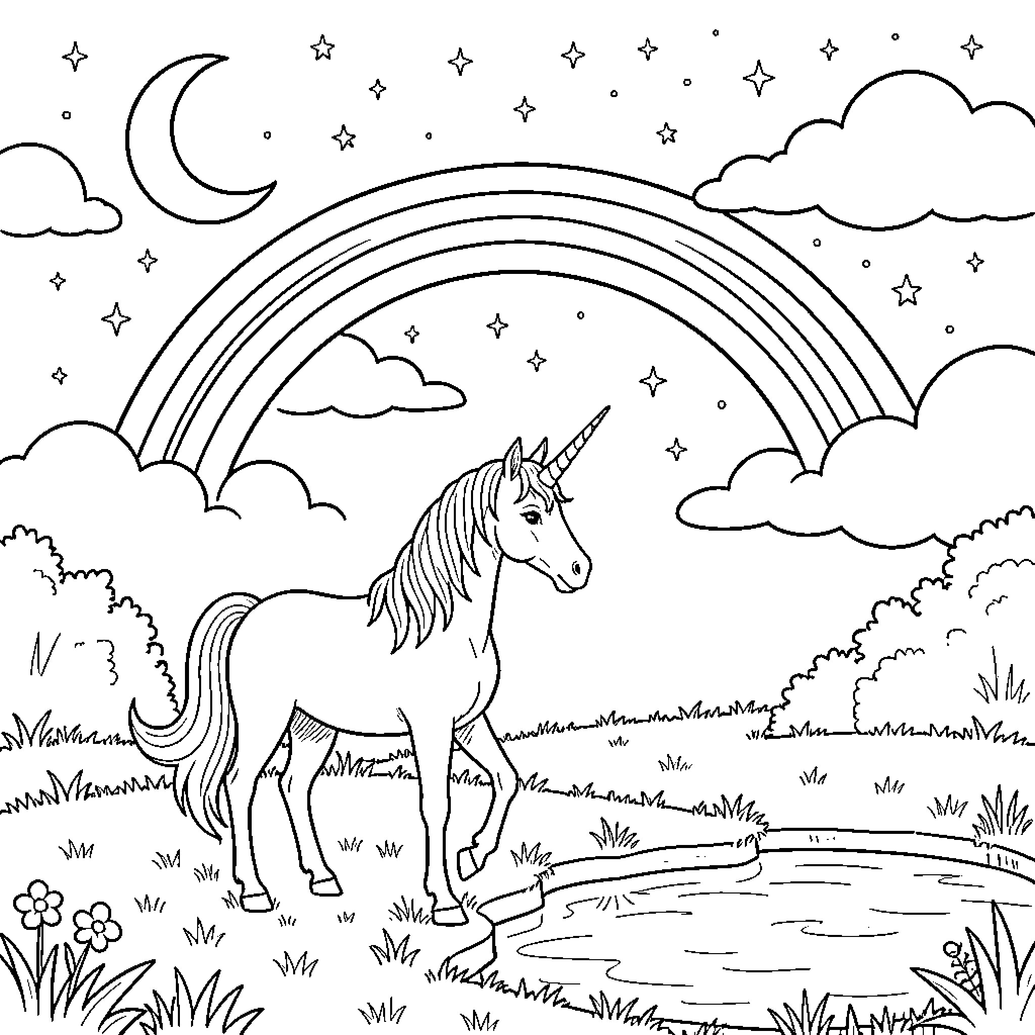 Unicorn standing peacefully under a rainbow and moonlit sky Coloring Page (free black-and-white line drawing printable PDF for all, from beginners to advanced learners, including children, teens, adults, and seniors)