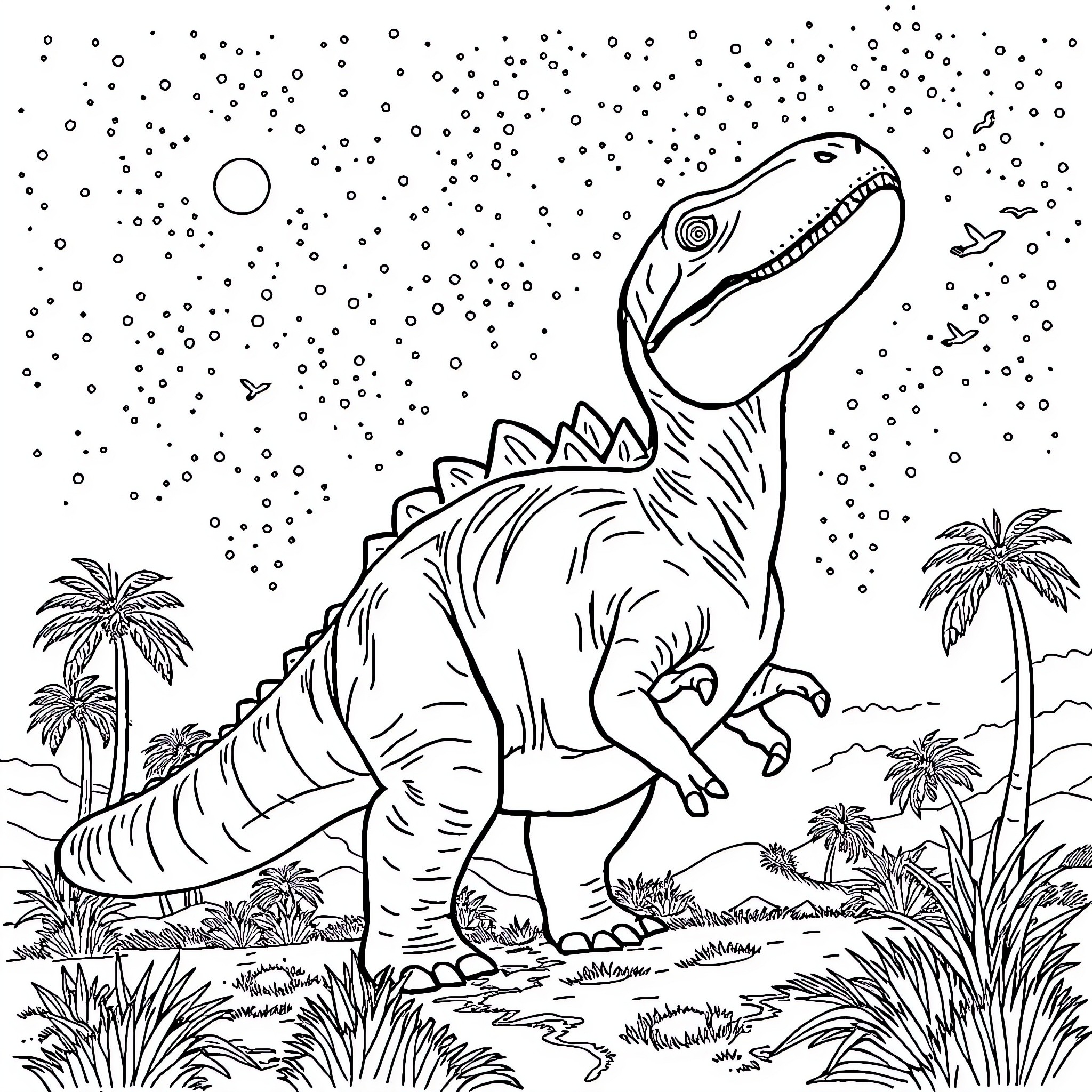 Dinosaur in prehistoric landscape with palm trees Coloring Page (free black-and-white line drawing printable PDF for all, from beginners to advanced learners, including children, teens, adults, and seniors)