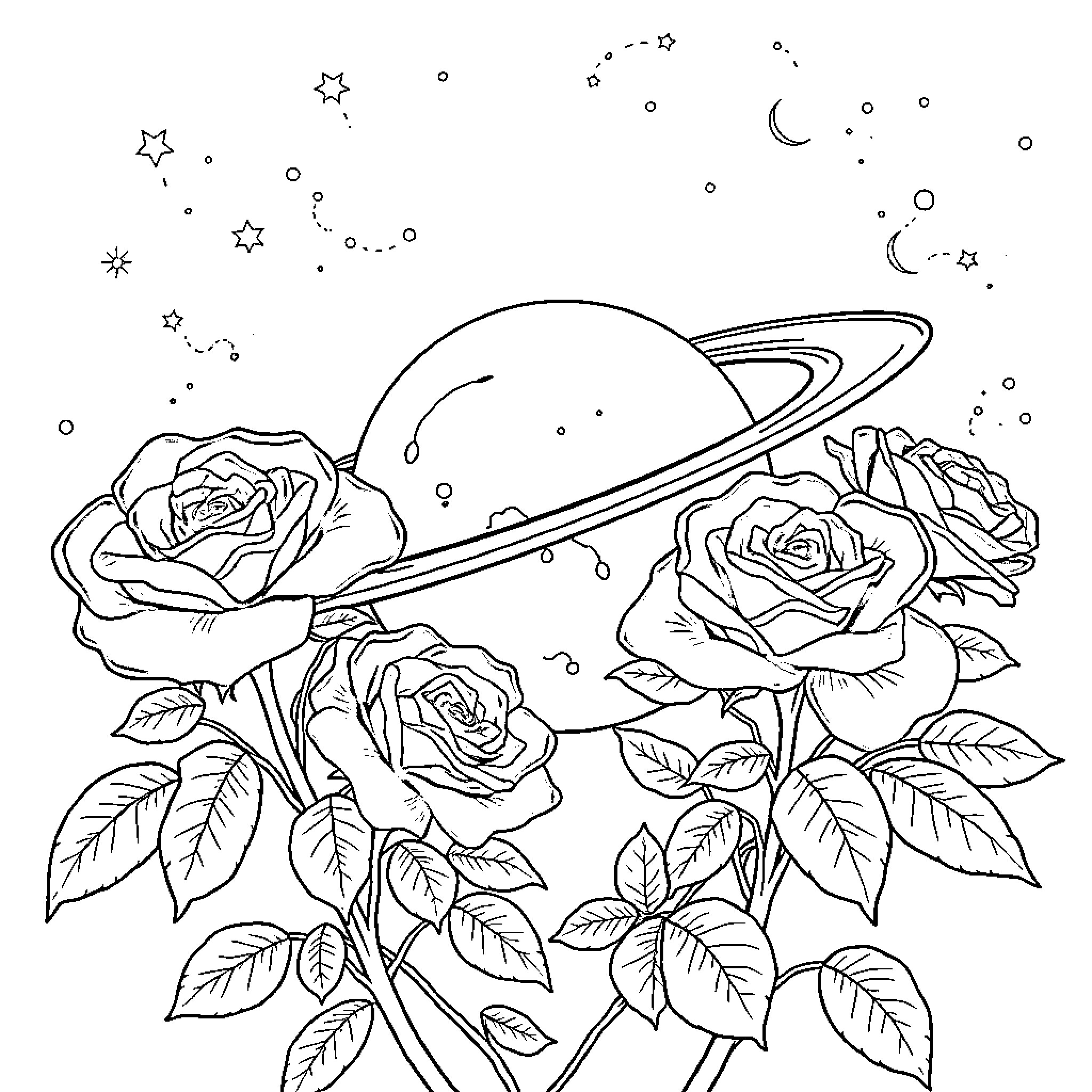 Rose flowers blooming under cosmic night sky Coloring Page (free black-and-white line drawing printable PDF for all, from beginners to advanced learners, including children, teens, adults, and seniors)