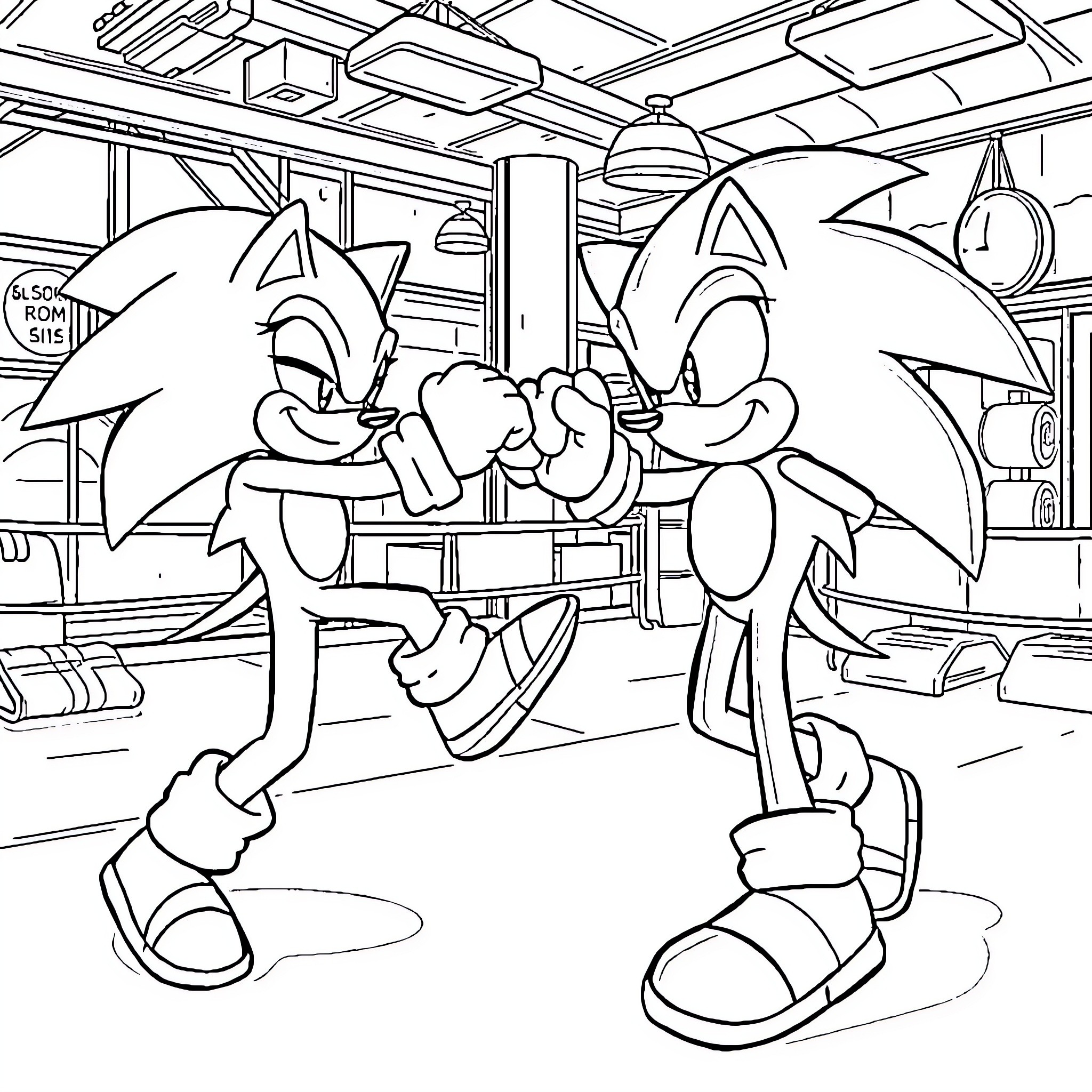 Sonic Characters in Playful Interaction Coloring Page (free black-and-white line drawing printable PDF for all, from beginners to advanced learners, including children, teens, adults, and seniors)