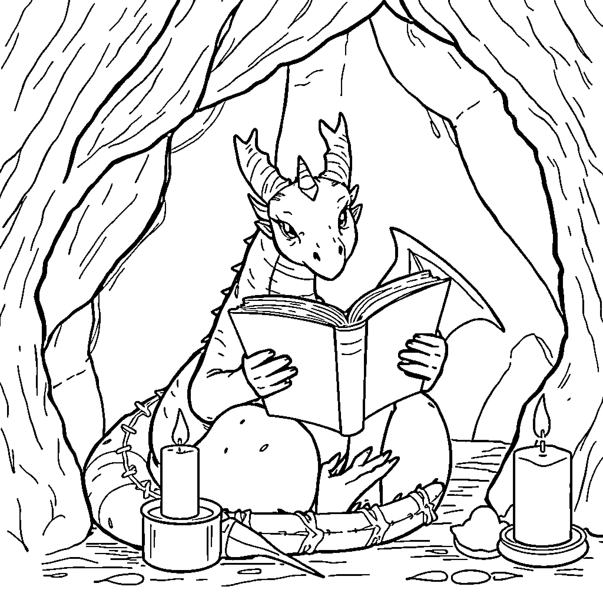 Dragon reading a book in a cozy den Coloring Page (free black-and-white line drawing printable PDF for all, from beginners to advanced learners, including children, teens, adults, and seniors)