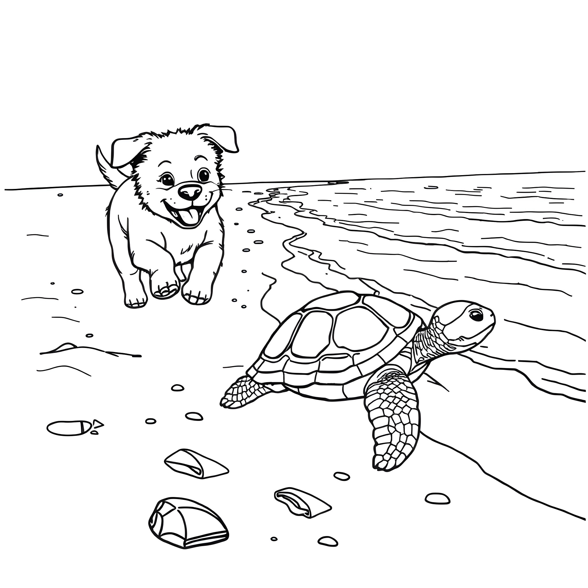 Puppy meets curious turtle on the beach Coloring Page (free black-and-white line drawing printable PDF for all, from beginners to advanced learners, including children, teens, adults, and seniors)