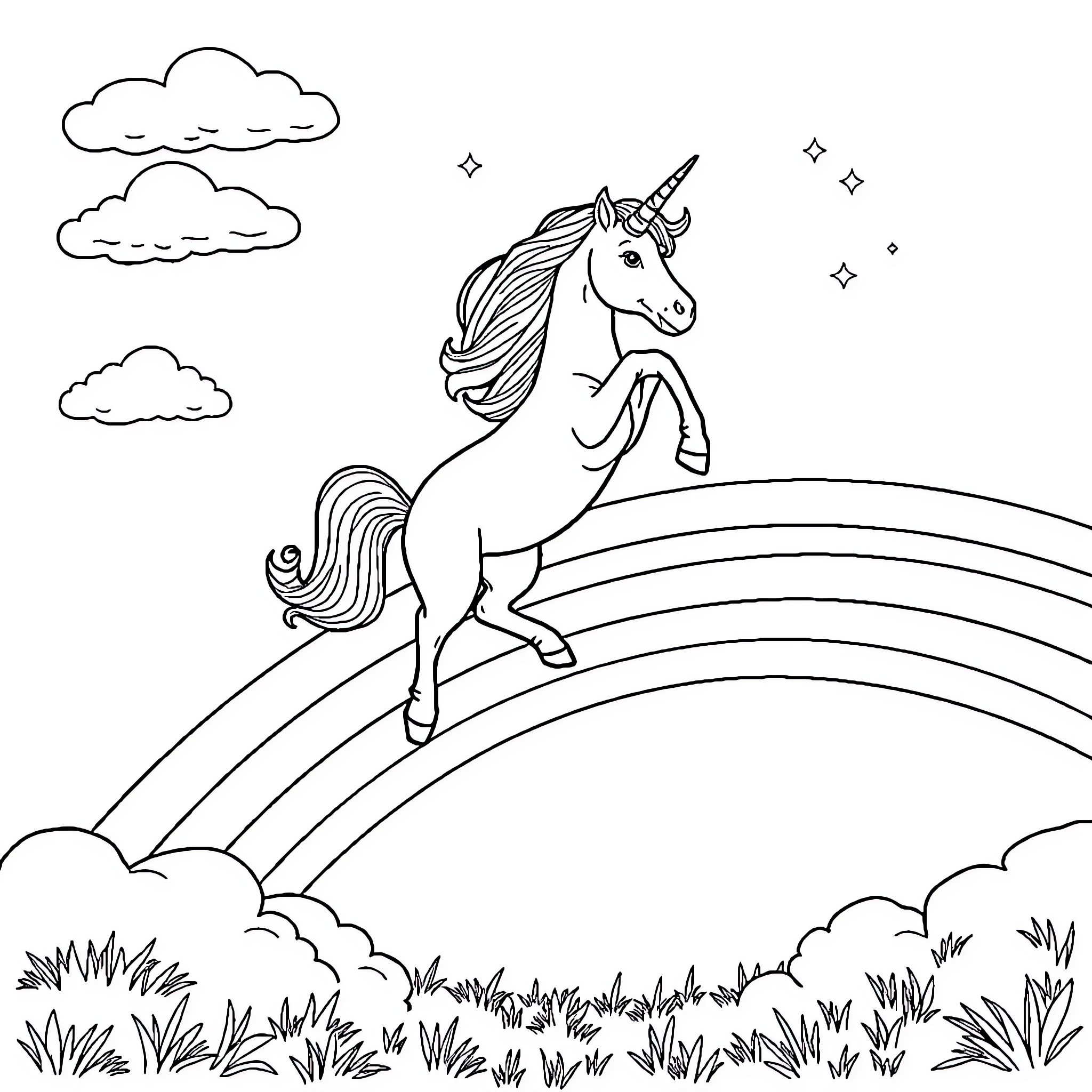 Unicorn prancing joyfully over a rainbow Coloring Page (free black-and-white line drawing printable PDF for all, from beginners to advanced learners, including children, teens, adults, and seniors)