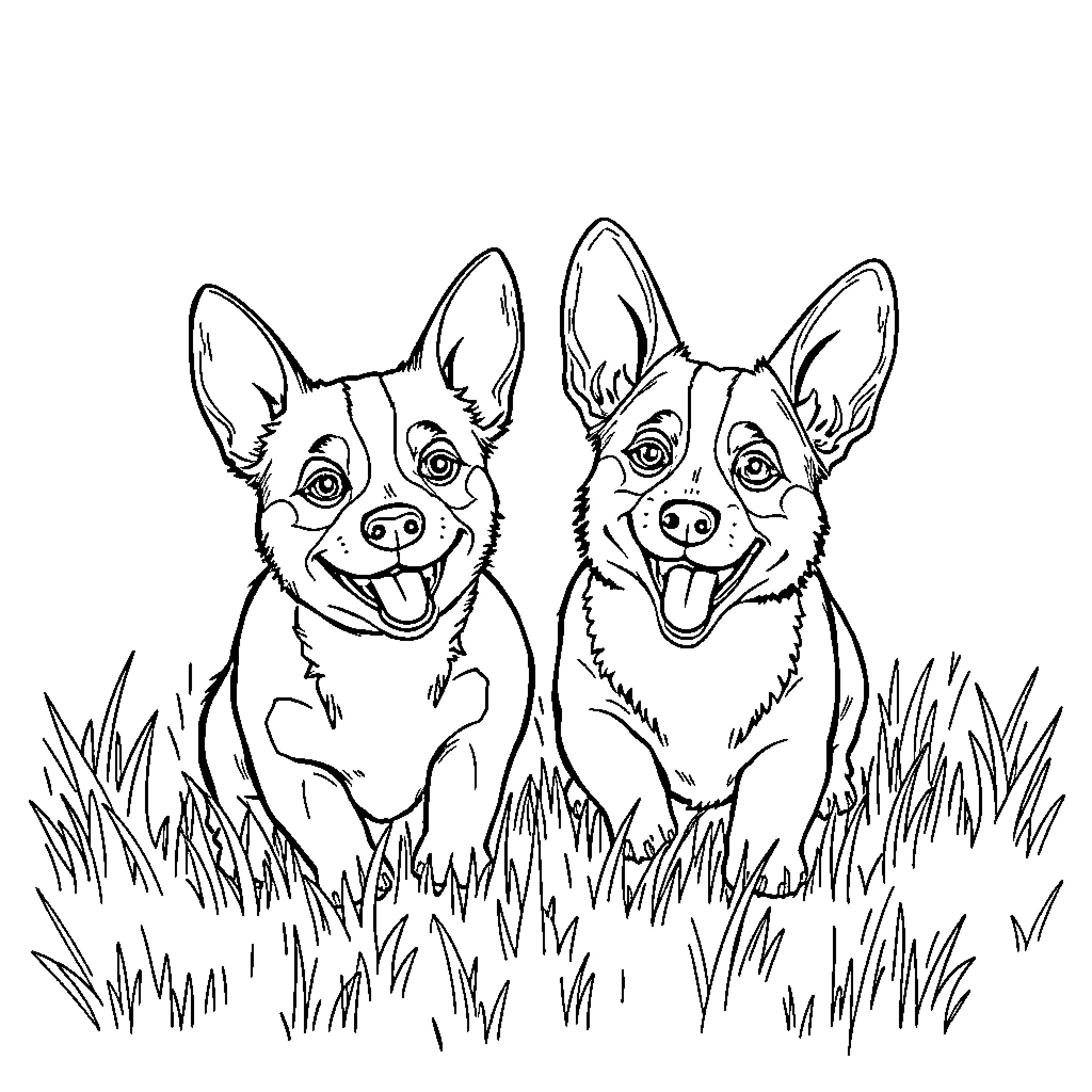 Dog friends playing in the grass Coloring Page (free black-and-white line drawing printable PDF for all, from beginners to advanced learners, including children, teens, adults, and seniors)