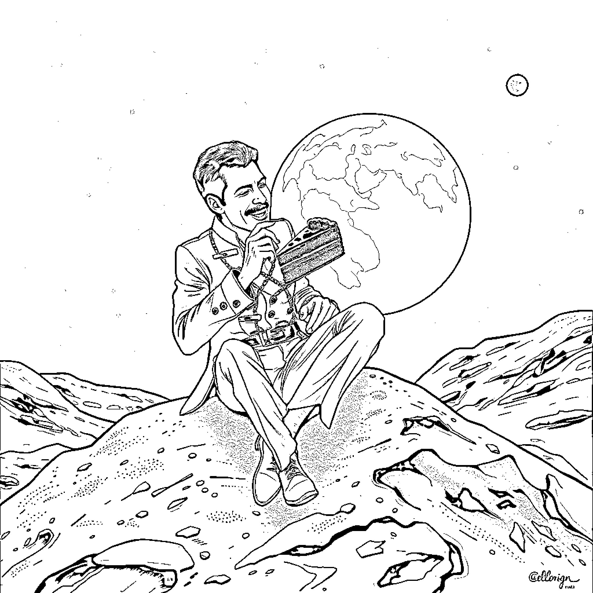 Freddie Mercury performing on stage under the moonlight Coloring Page (free black-and-white line drawing printable PDF for all, from beginners to advanced learners, including children, teens, adults, and seniors)