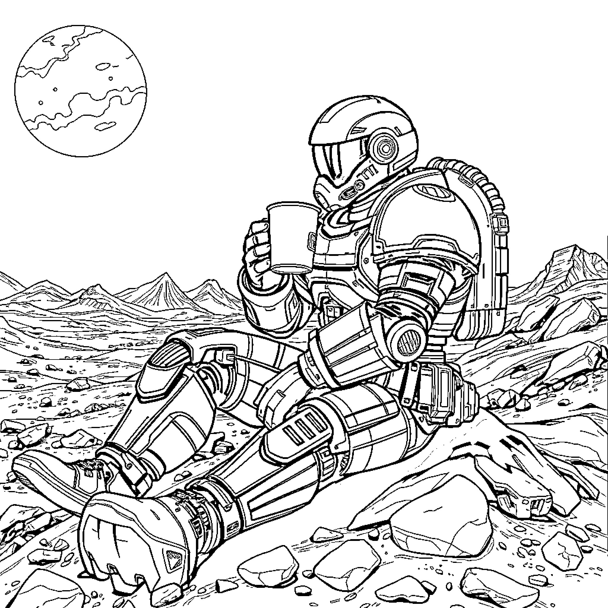 Space Marine Exploring Alien Landscape Coloring Page (free black-and-white line drawing printable PDF for all, from beginners to advanced learners, including children, teens, adults, and seniors)