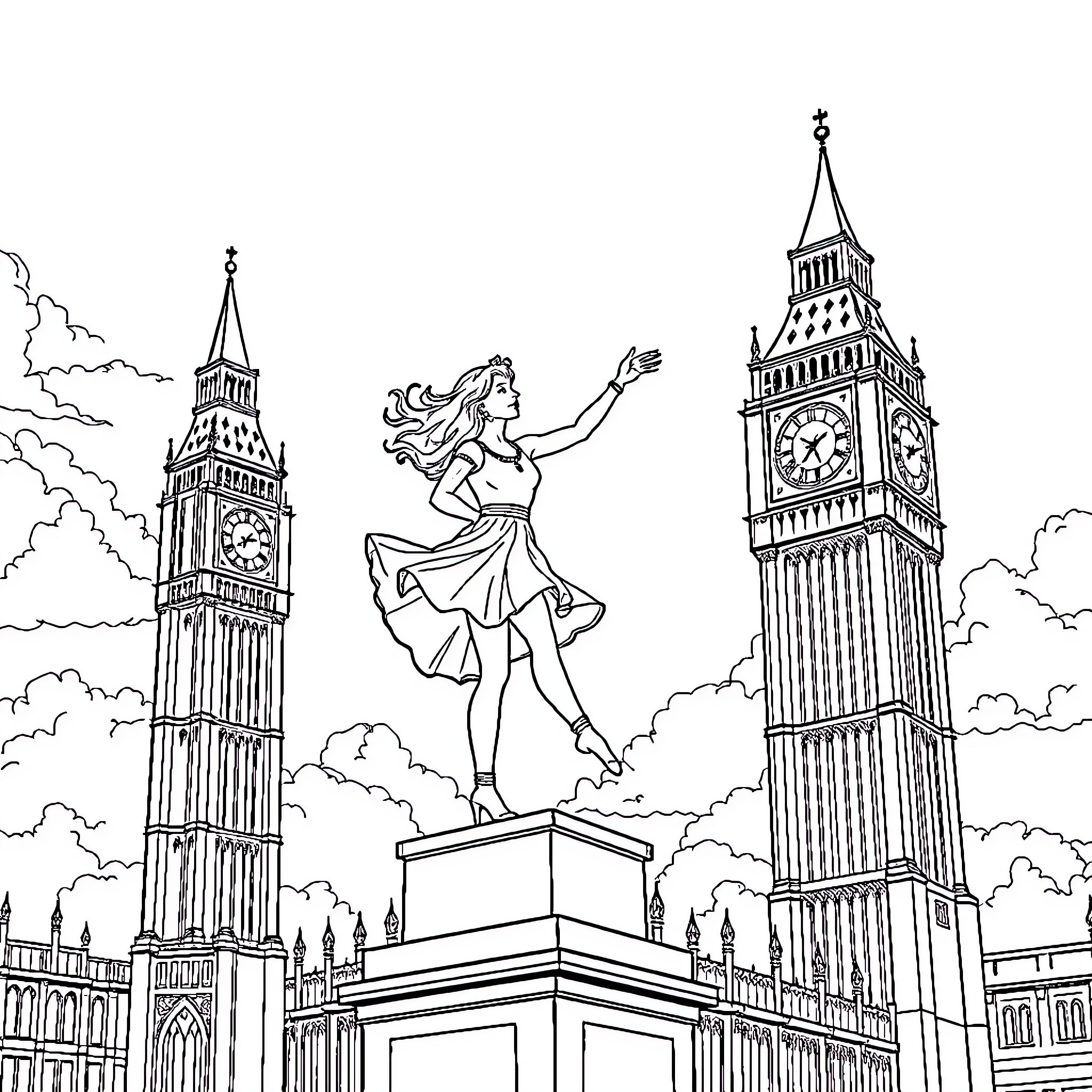 Dancer performing gracefully in front of iconic landmarks Coloring Page (free black-and-white line drawing printable PDF for all, from beginners to advanced learners, including children, teens, adults, and seniors)