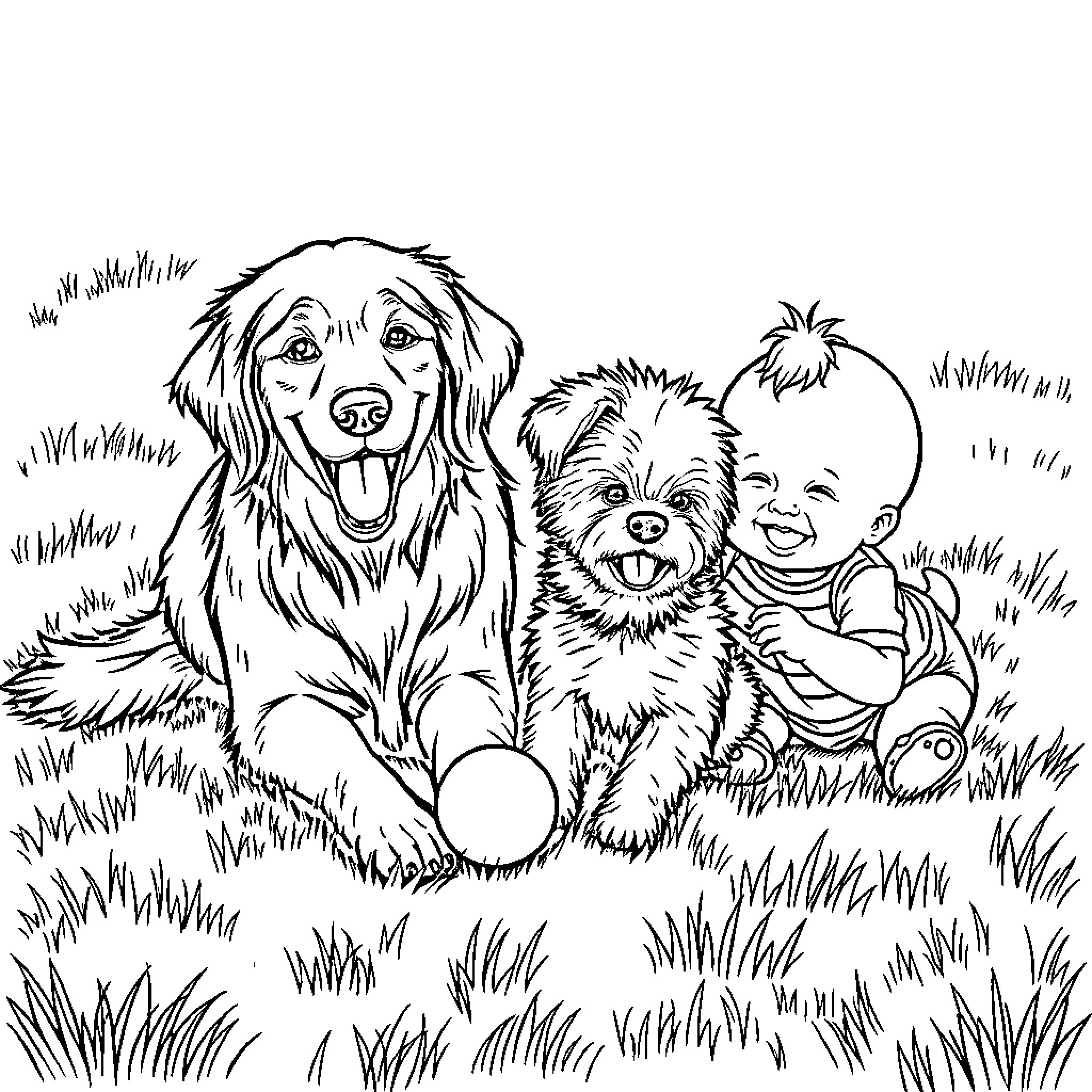 Dog playing with baby in the park Coloring Page (free black-and-white line drawing printable PDF for all, from beginners to advanced learners, including children, teens, adults, and seniors)