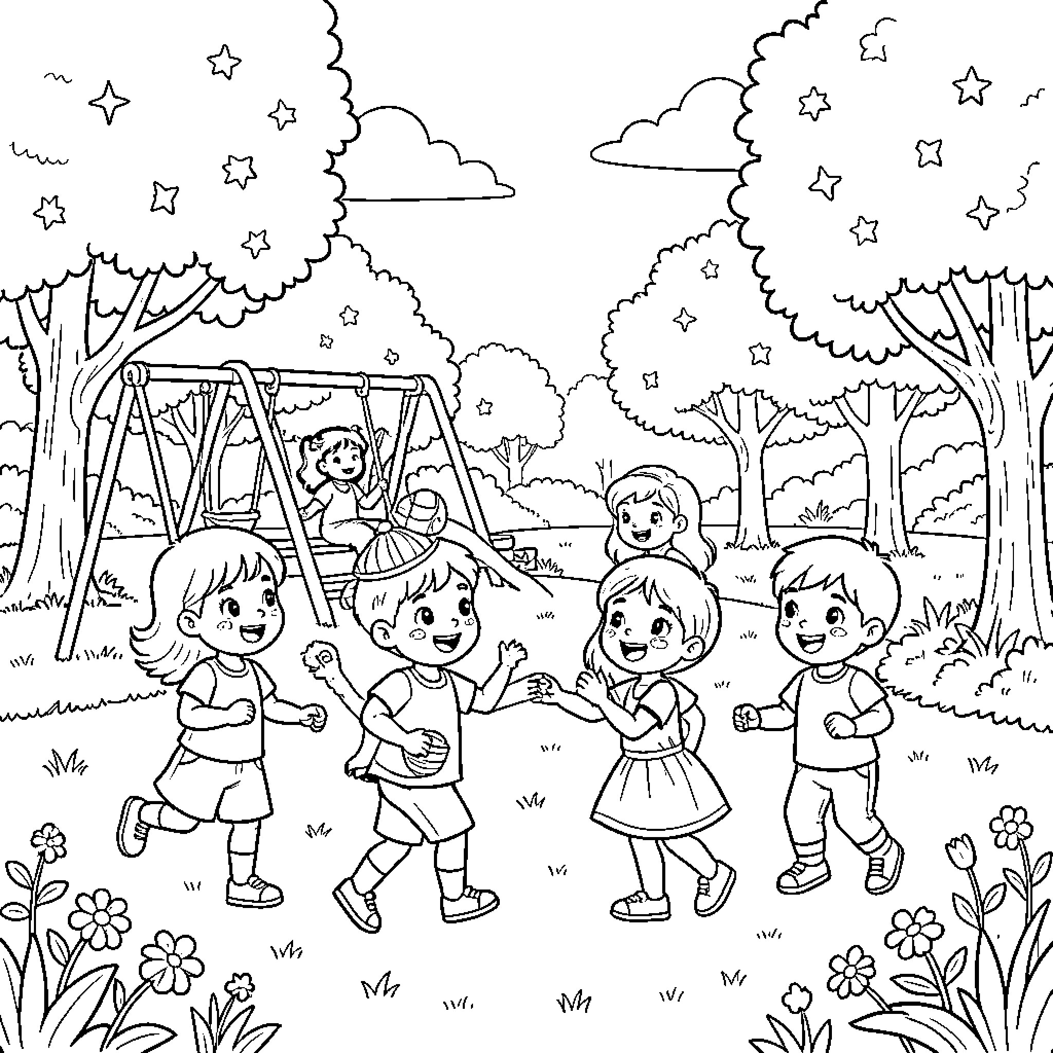 Children playing happily at the playground Coloring Page (free black-and-white line drawing printable PDF for all, from beginners to advanced learners, including children, teens, adults, and seniors)