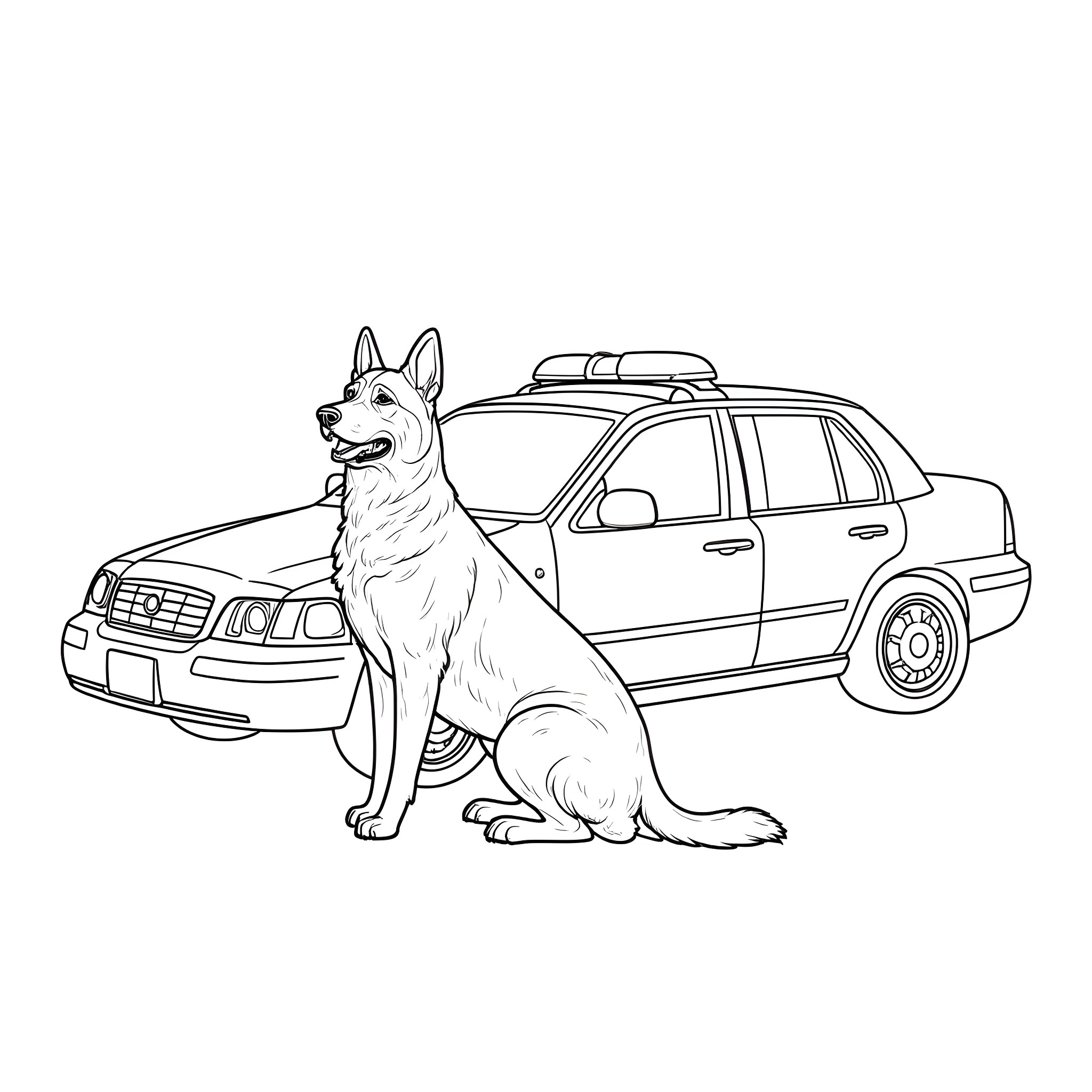 German Shepherd police dog guarding police car Coloring Page (free black-and-white line drawing printable PDF for all, from beginners to advanced learners, including children, teens, adults, and seniors)