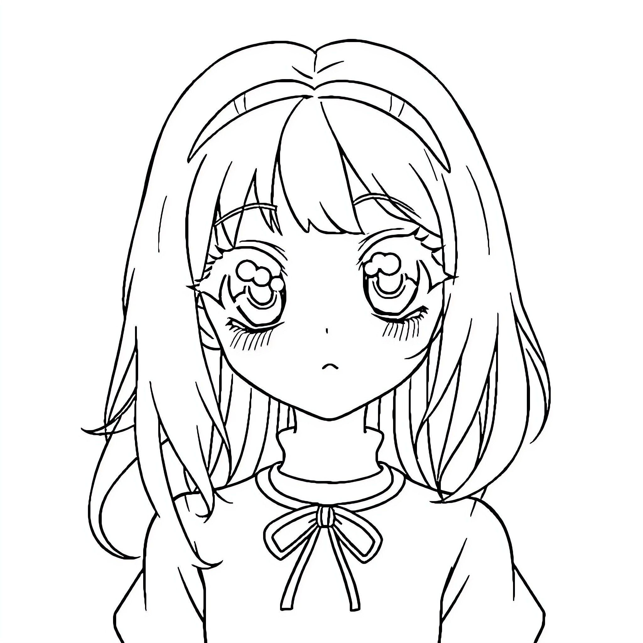 Anime Girl with Closed Eyes and Bow Coloring Page (free black-and-white line drawing printable PDF for all, from beginners to advanced learners, including children, teens, adults, and seniors)