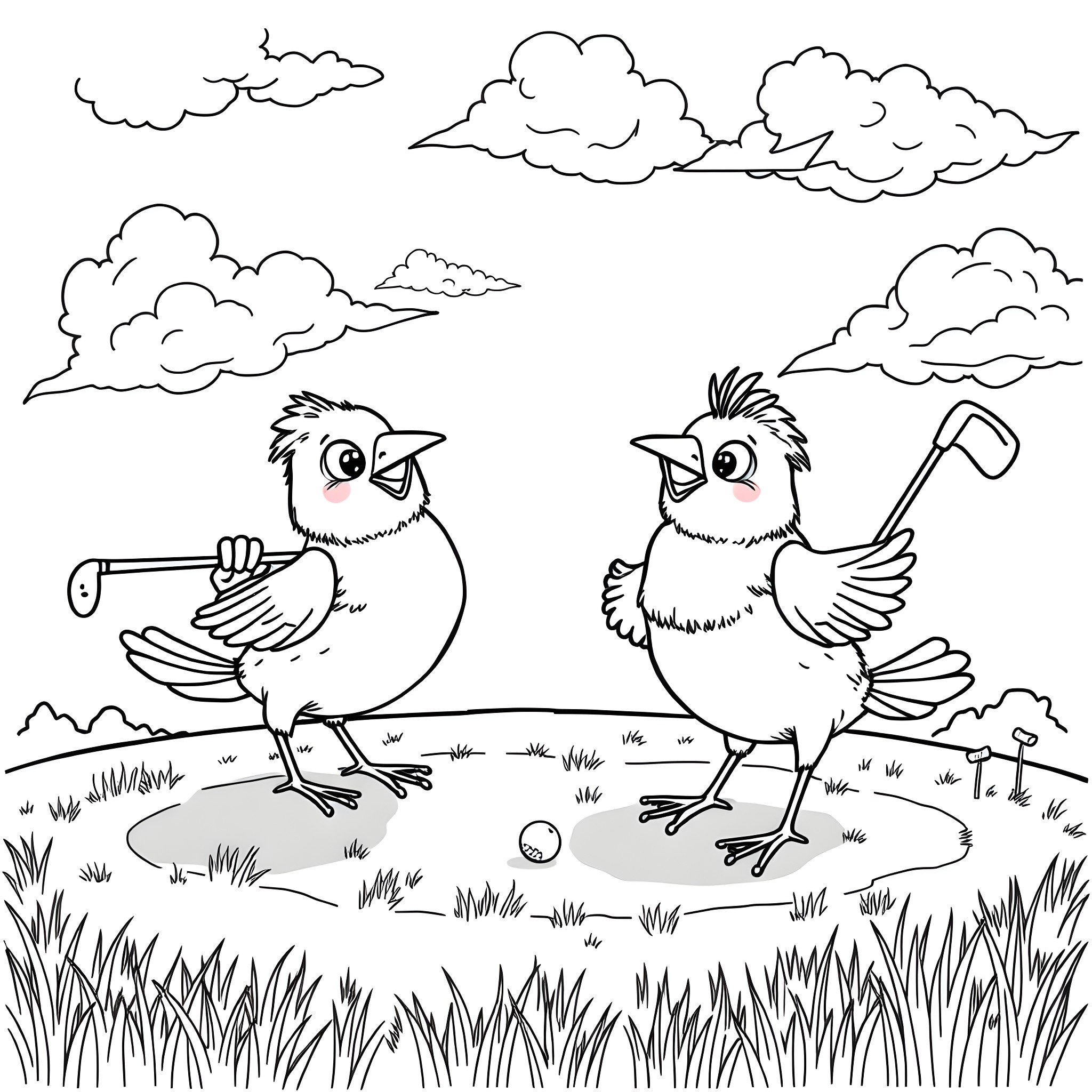 Birds playing happily in the park Coloring Page (free black-and-white line drawing printable PDF for all, from beginners to advanced learners, including children, teens, adults, and seniors)