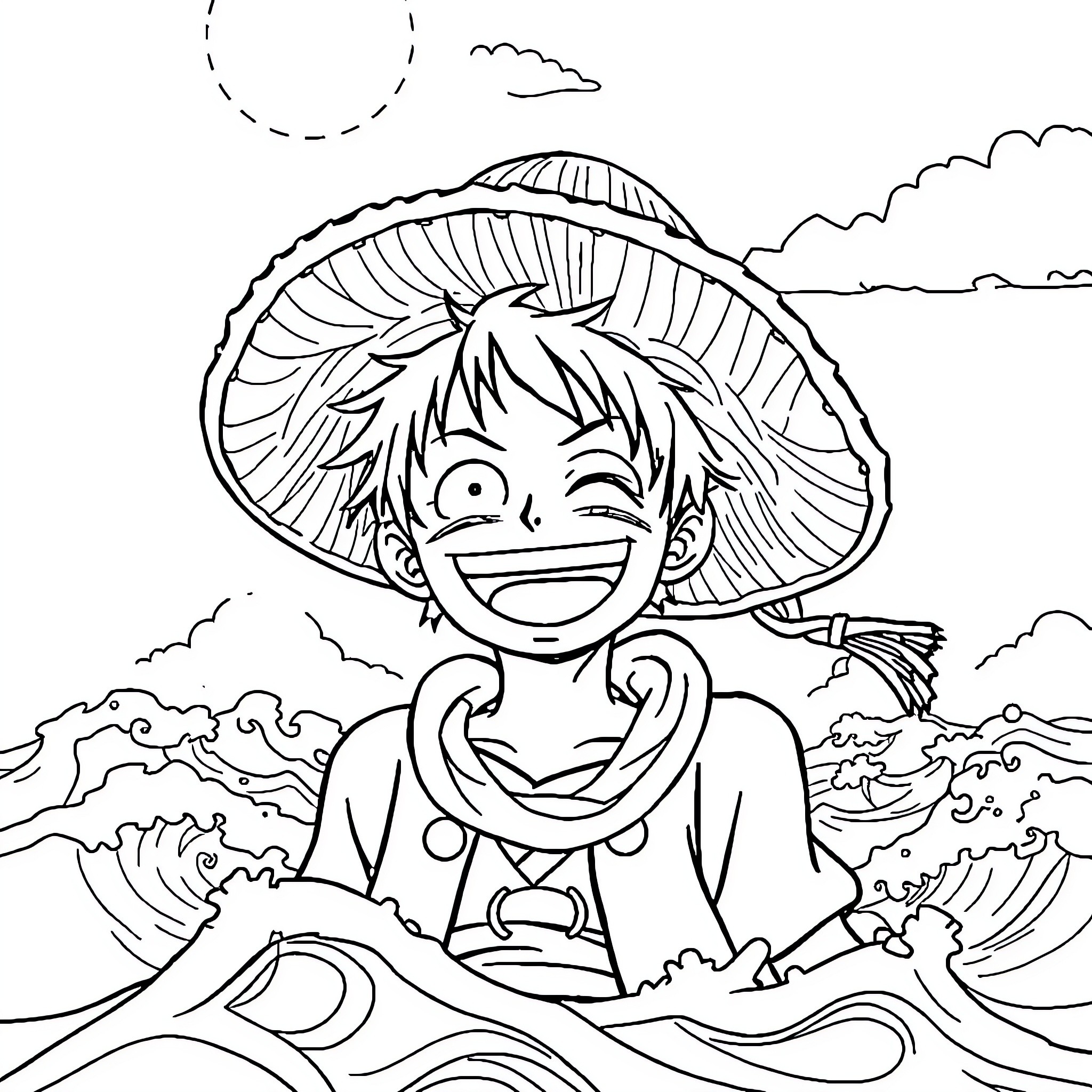 Luffy enjoying the ocean waves and sunshine Coloring Page (free black-and-white line drawing printable PDF for all, from beginners to advanced learners, including children, teens, adults, and seniors)
