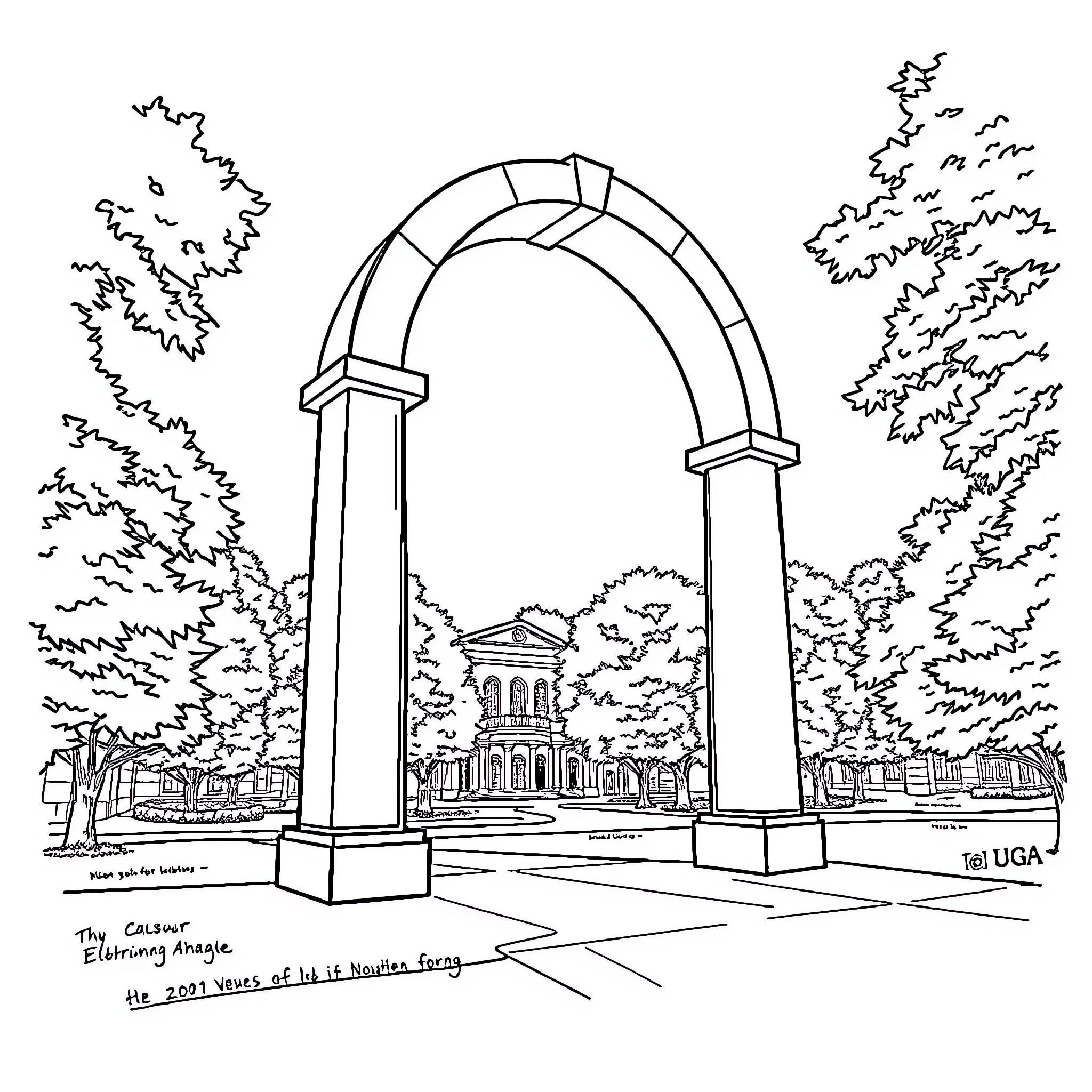 UGA Arch in Detailed Black and White Drawing Coloring Page (free black-and-white line drawing printable PDF for all, from beginners to advanced learners, including children, teens, adults, and seniors)
