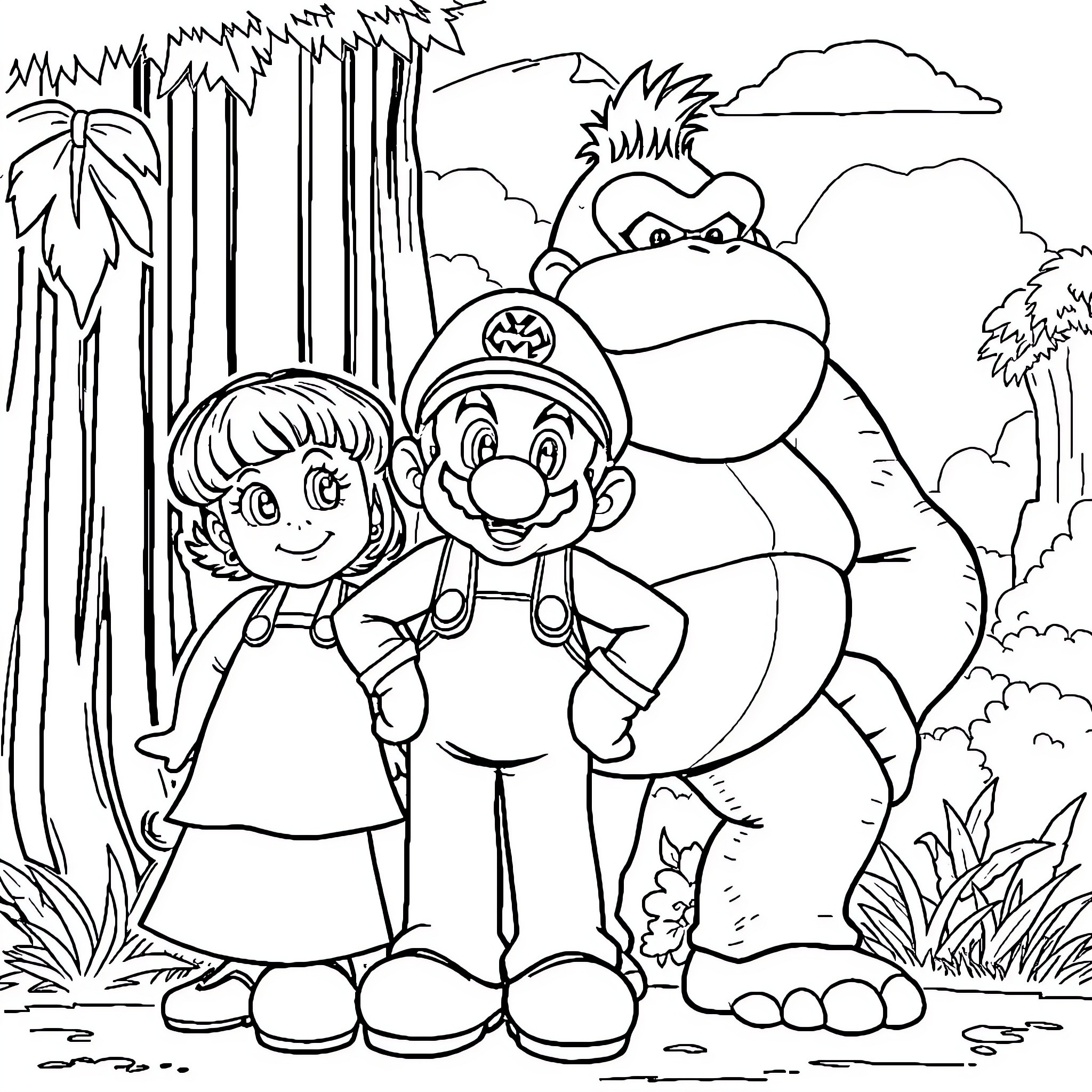Mario and Princess Exploring the Enchanted Forest Coloring Page (free black-and-white line drawing printable PDF for all, from beginners to advanced learners, including children, teens, adults, and seniors)