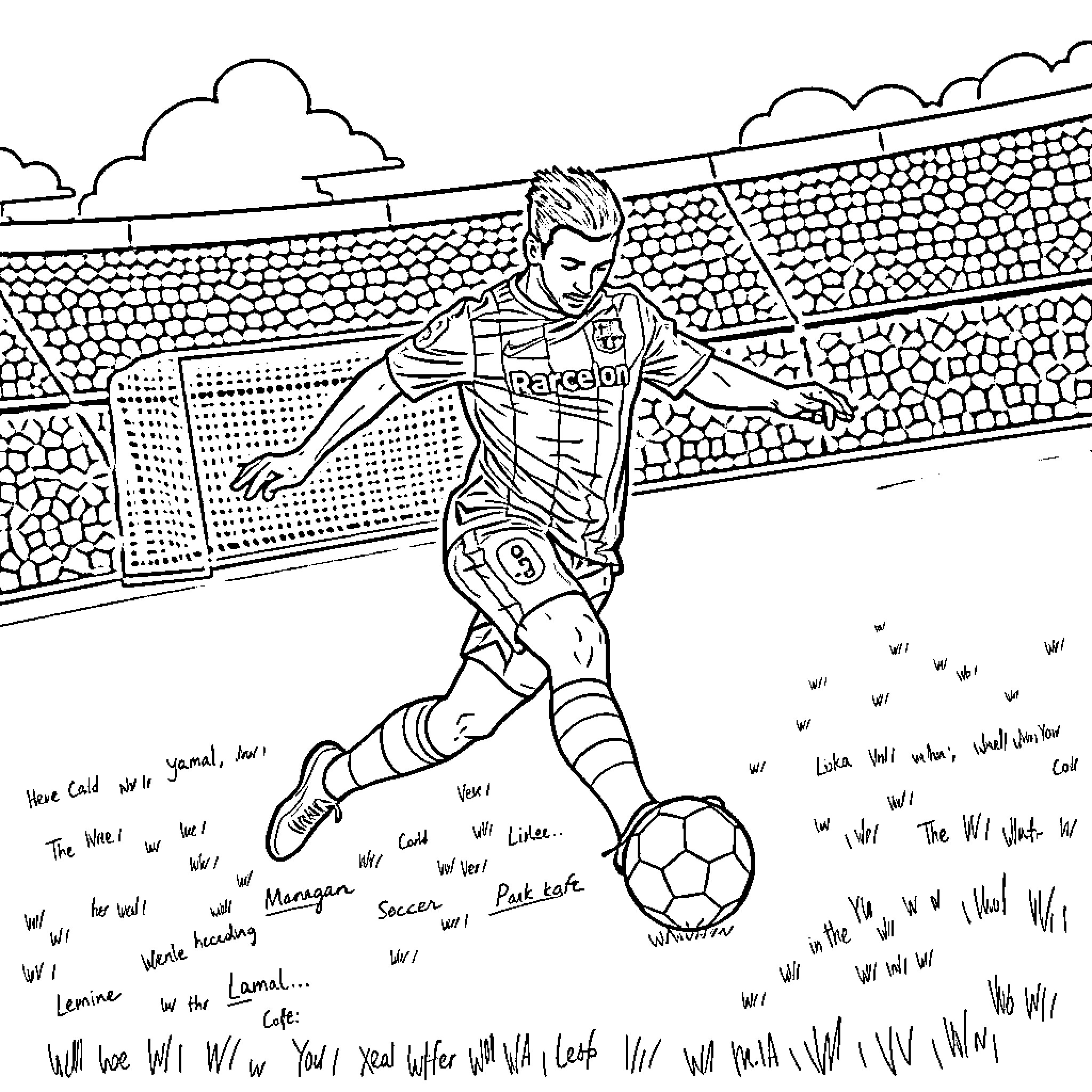 Lamine Yamal playing soccer with ball on the field Coloring Page (free black-and-white line drawing printable PDF for all, from beginners to advanced learners, including children, teens, adults, and seniors)
