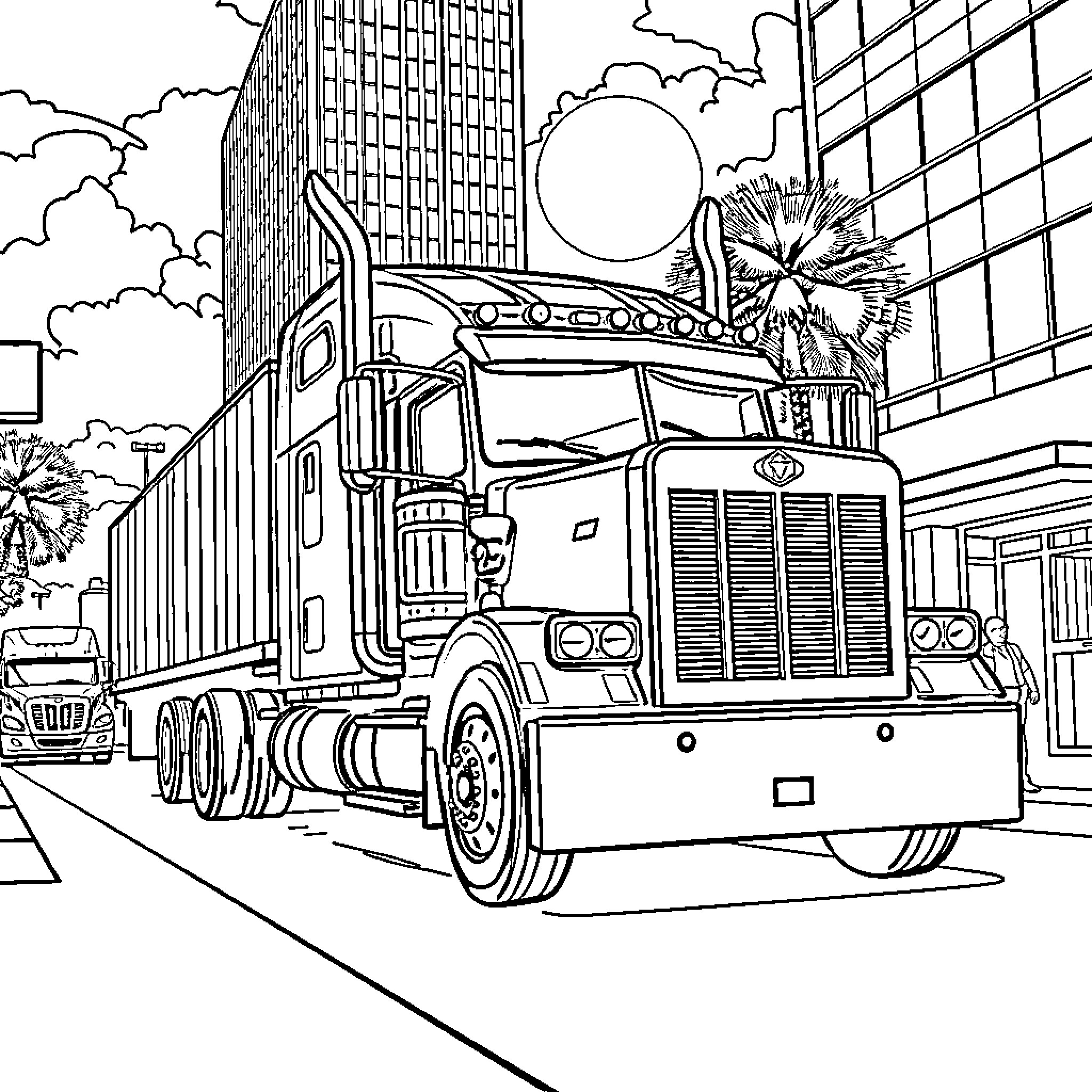 Truck transporting cargo through city streets Coloring Page (free black-and-white line drawing printable PDF for all, from beginners to advanced learners, including children, teens, adults, and seniors)