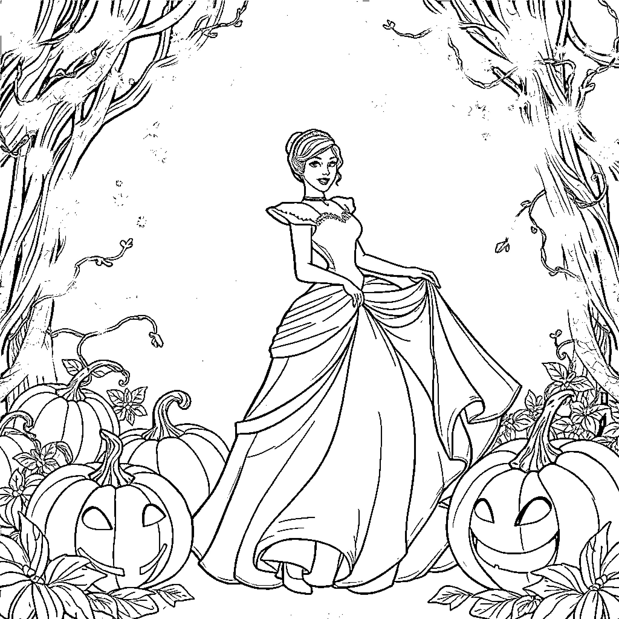 Cinderella in her elegant gown amidst pumpkins and autumn scenery Coloring Page (free black-and-white line drawing printable PDF for all, from beginners to advanced learners, including children, teens, adults, and seniors)