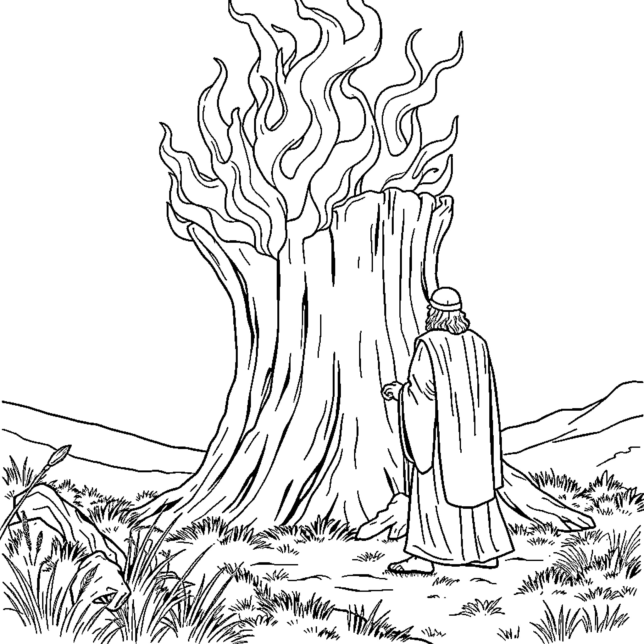 Moses Confronting the Burning Bush Coloring Page (free black-and-white line drawing printable PDF for all, from beginners to advanced learners, including children, teens, adults, and seniors)