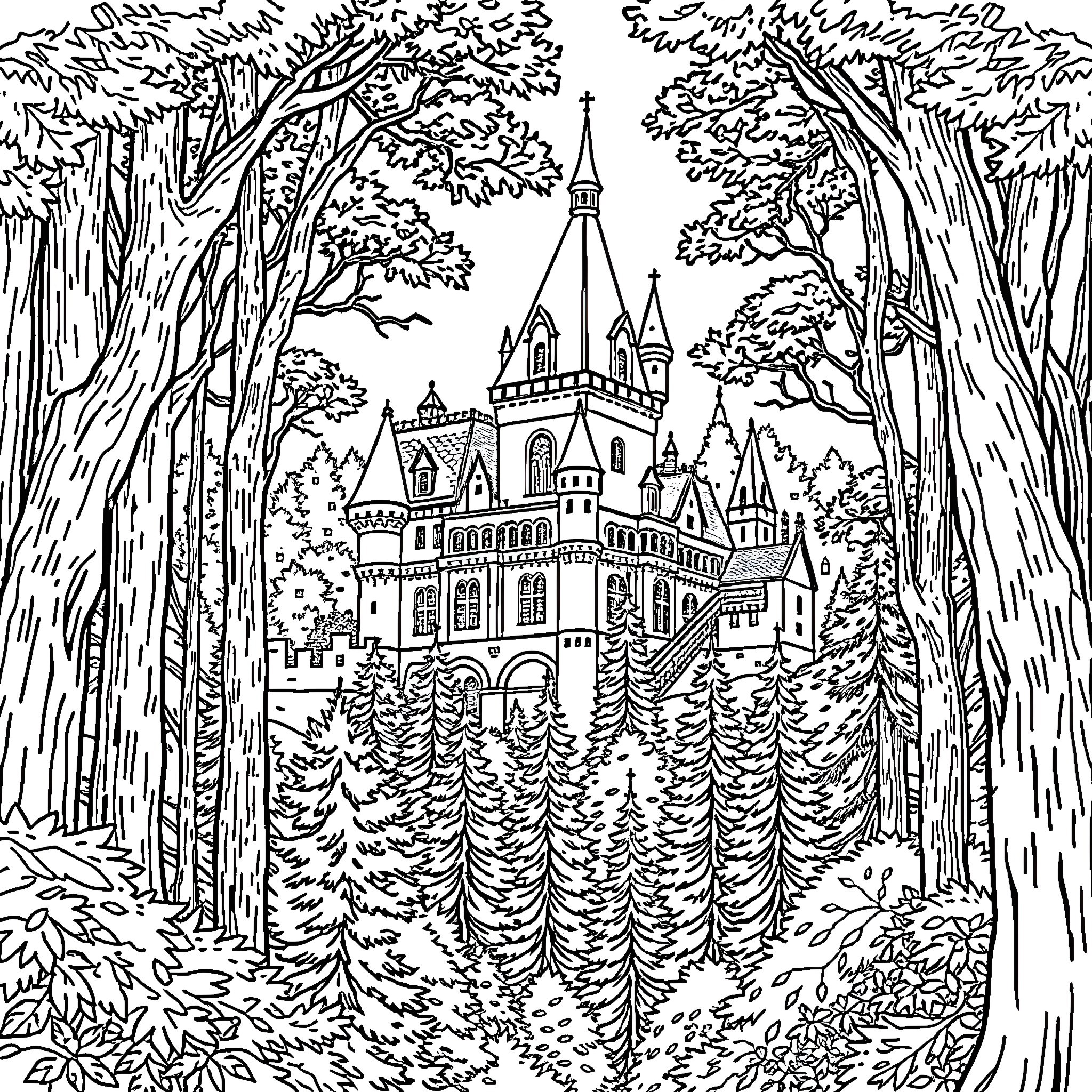 Château in a Whimsical Forest Coloring Page (free black-and-white line drawing printable PDF for all, from beginners to advanced learners, including children, teens, adults, and seniors)