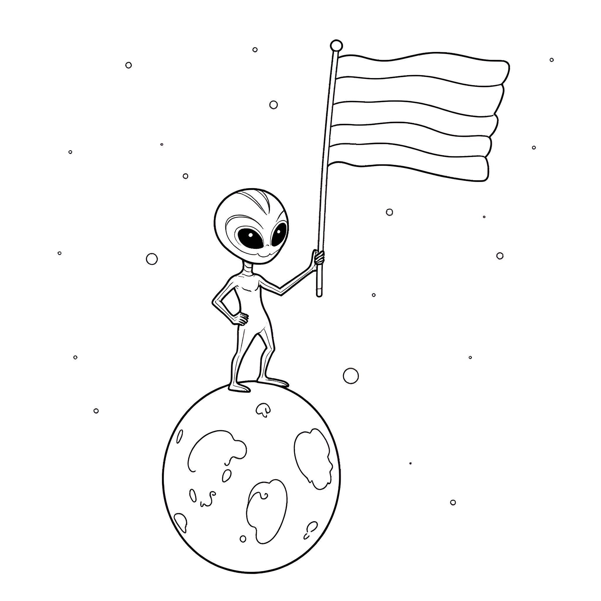 Alien planting flag on distant planet Coloring Page (free black-and-white line drawing printable PDF for all, from beginners to advanced learners, including children, teens, adults, and seniors)