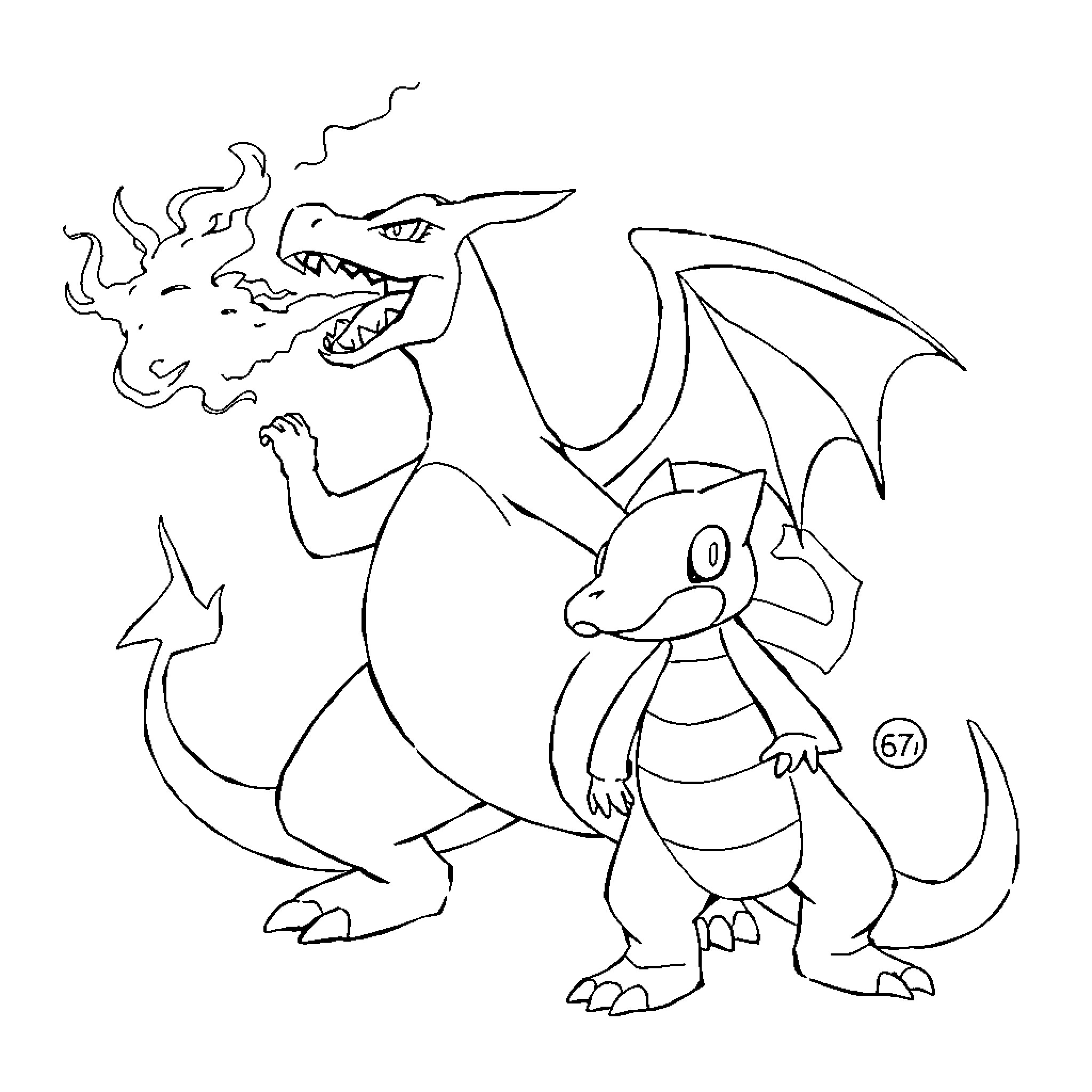 Charizard unleashing fiery power with Charmander by its side Coloring Page (free black-and-white line drawing printable PDF for all, from beginners to advanced learners, including children, teens, adults, and seniors)