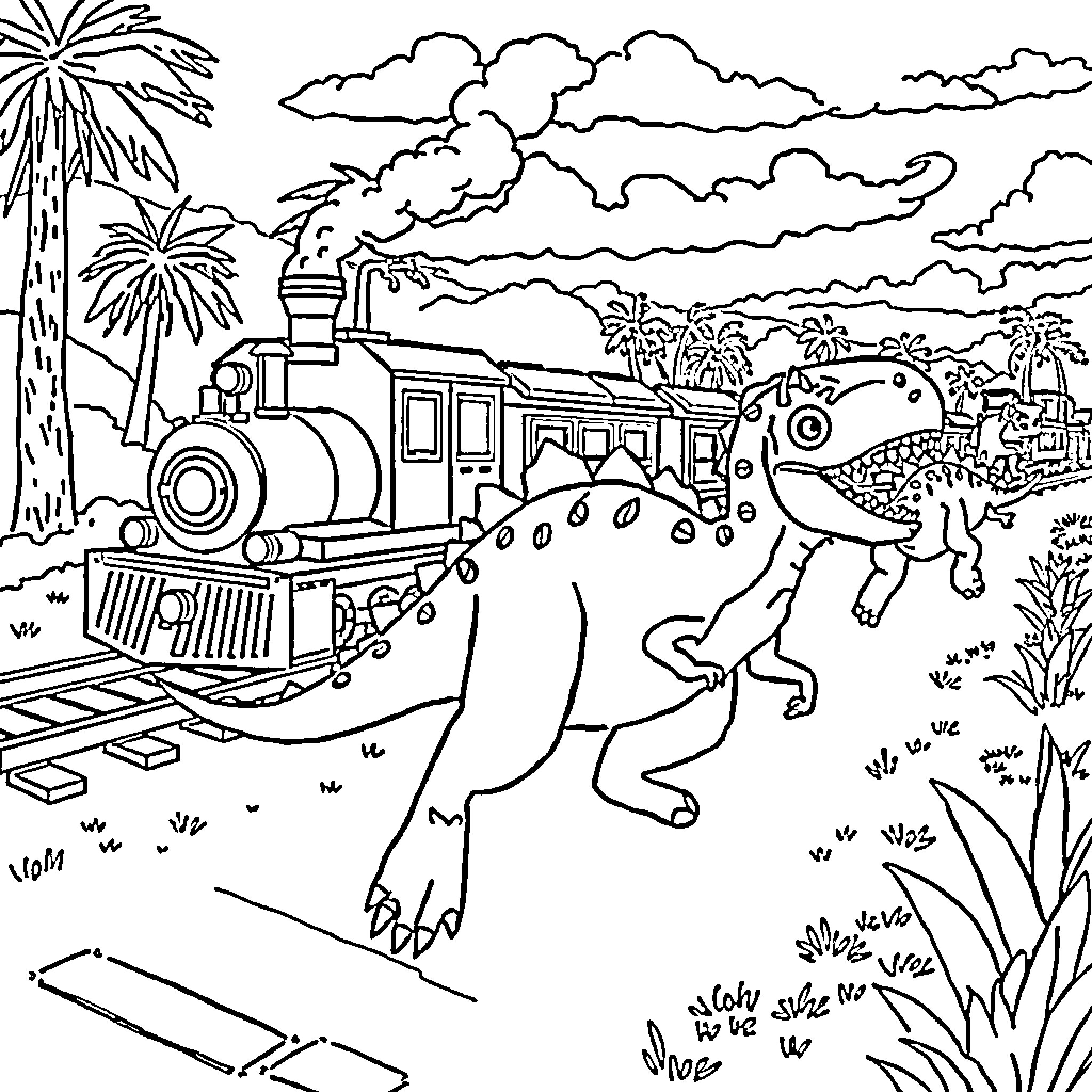 Dinosaur riding a steam train through tropical landscape Coloring Page (free black-and-white line drawing printable PDF for all, from beginners to advanced learners, including children, teens, adults, and seniors)