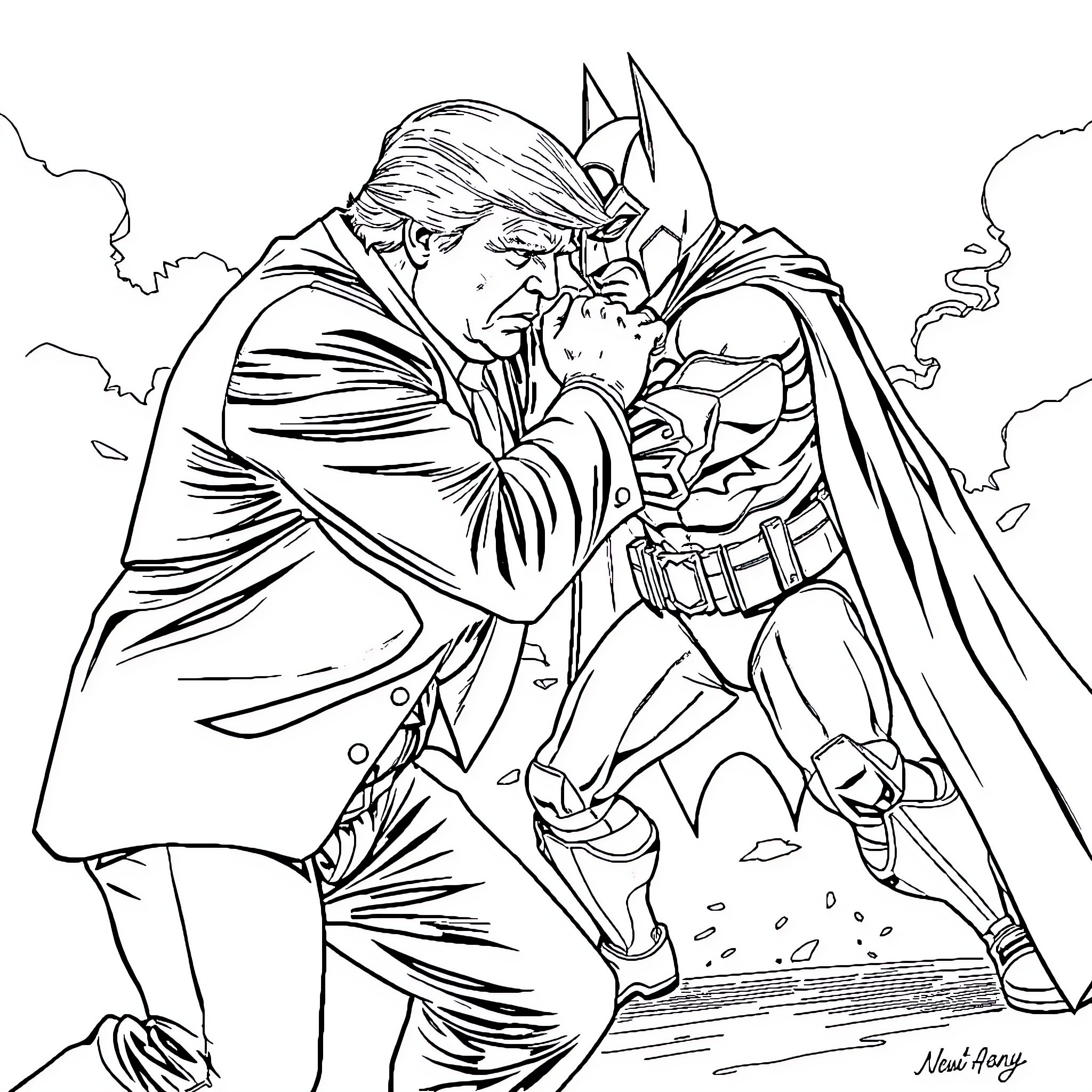 Trump confronts a masked hero in dramatic fashion Coloring Page (free black-and-white line drawing printable PDF for all, from beginners to advanced learners, including children, teens, adults, and seniors)