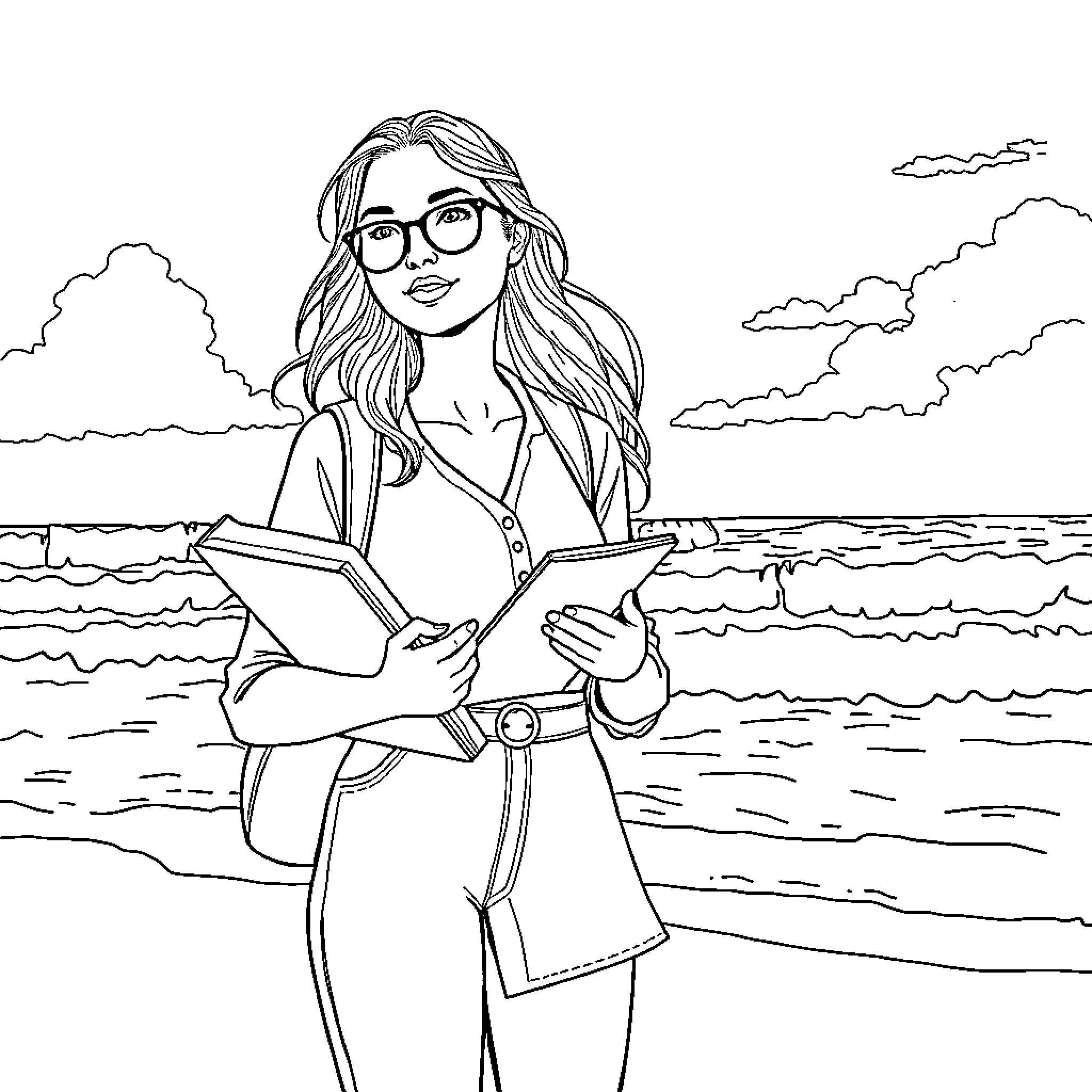 Professor Studying the Scenic Ocean View Coloring Page (free black-and-white line drawing printable PDF for all, from beginners to advanced learners, including children, teens, adults, and seniors)