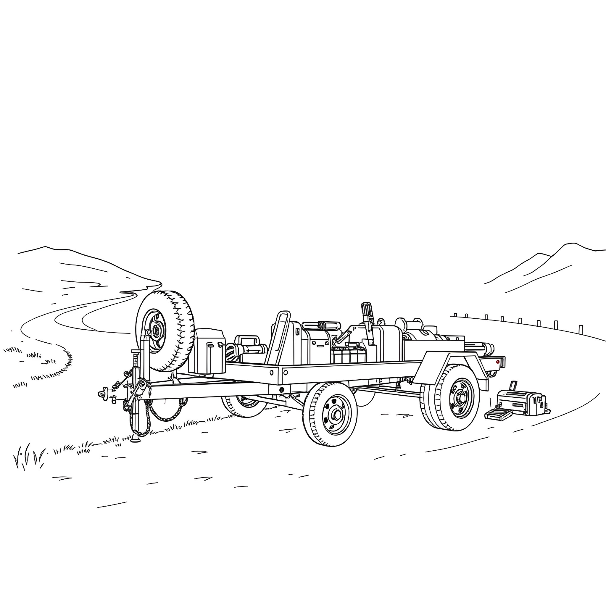 Car Trailer with Construction Equipment in Scenic Landscape Coloring Page (free black-and-white line drawing printable PDF for all, from beginners to advanced learners, including children, teens, adults, and seniors)