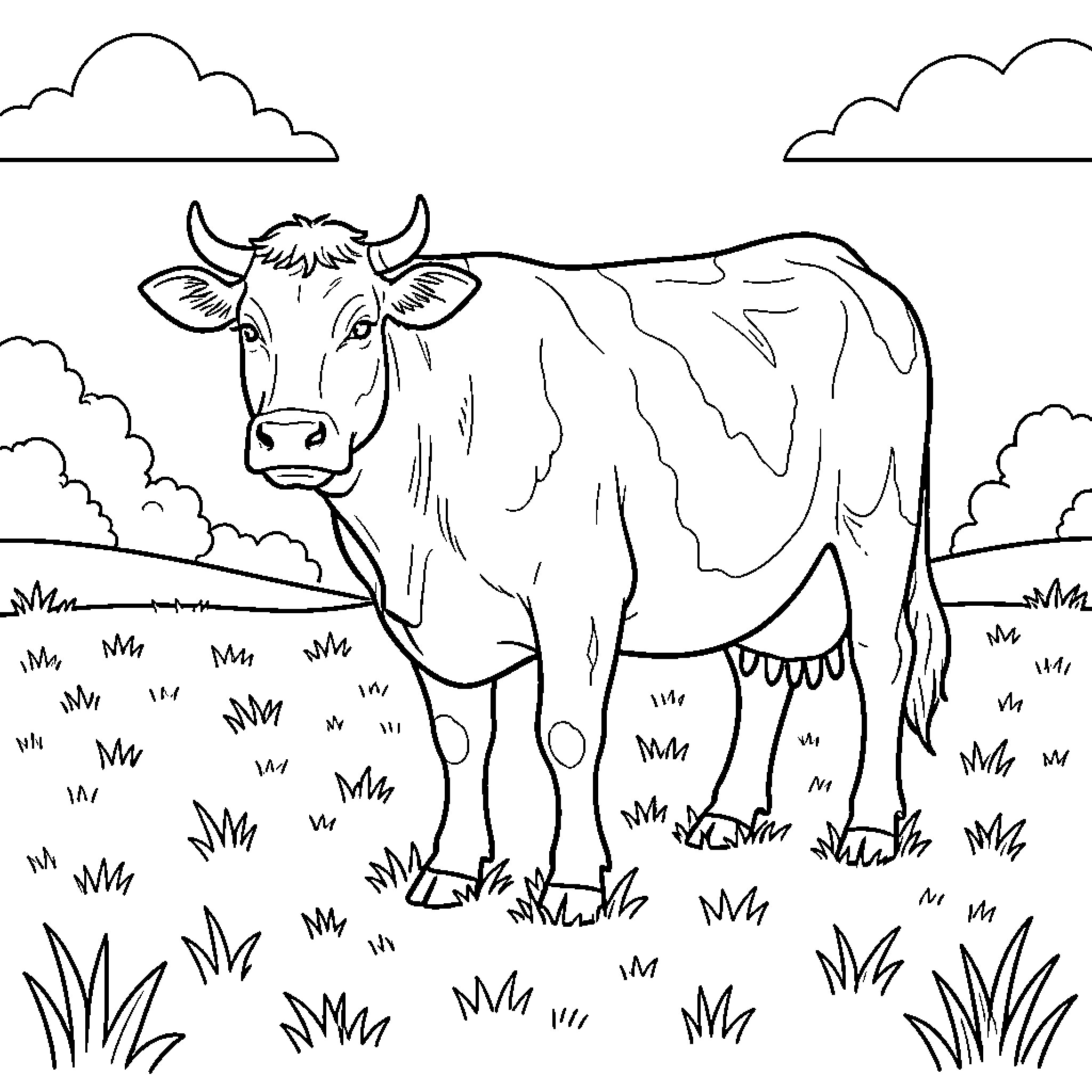 Cow standing in a grassy field Coloring Page (free black-and-white line drawing printable PDF for all, from beginners to advanced learners, including children, teens, adults, and seniors)