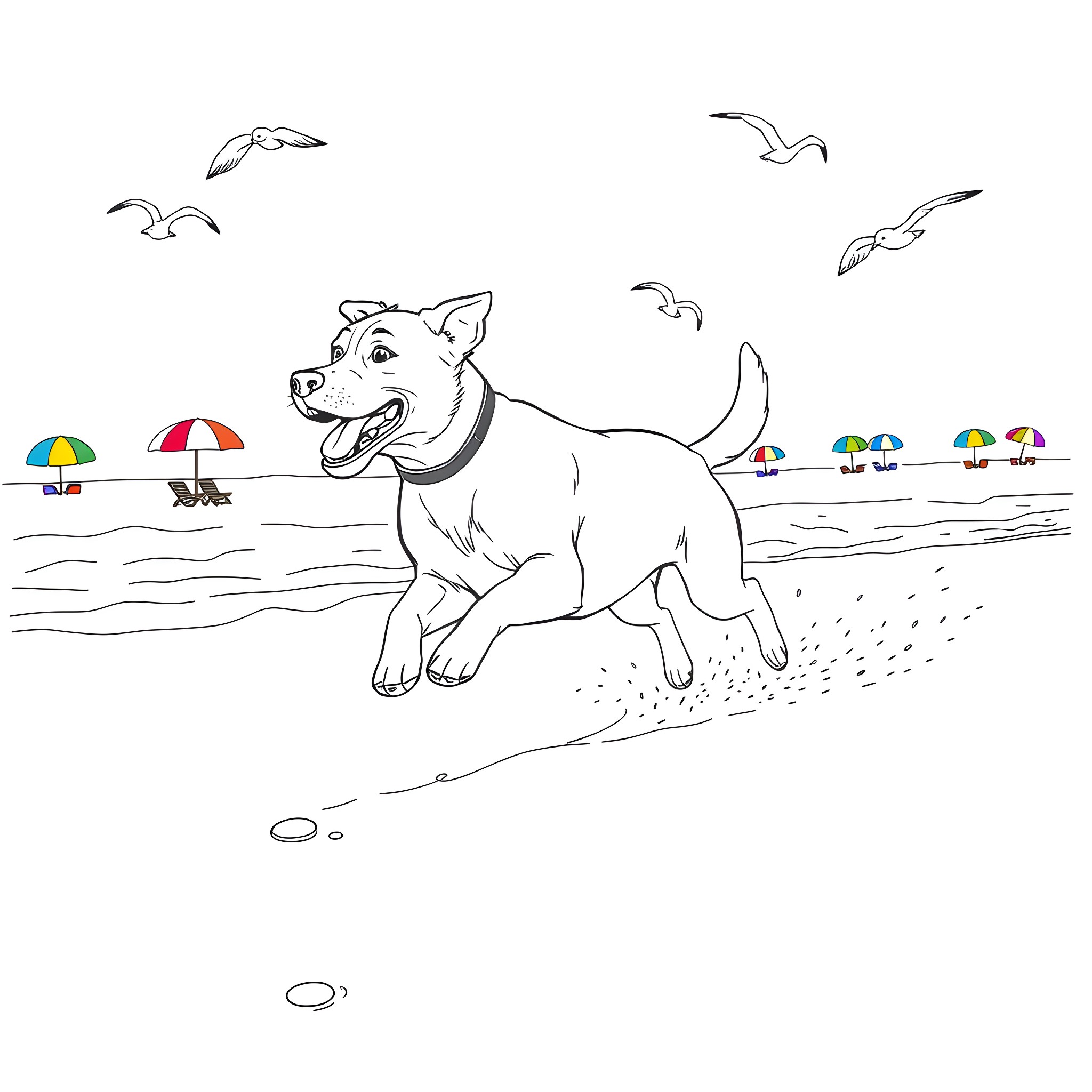 Dog running happily on the beach Coloring Page (free black-and-white line drawing printable PDF for all, from beginners to advanced learners, including children, teens, adults, and seniors)