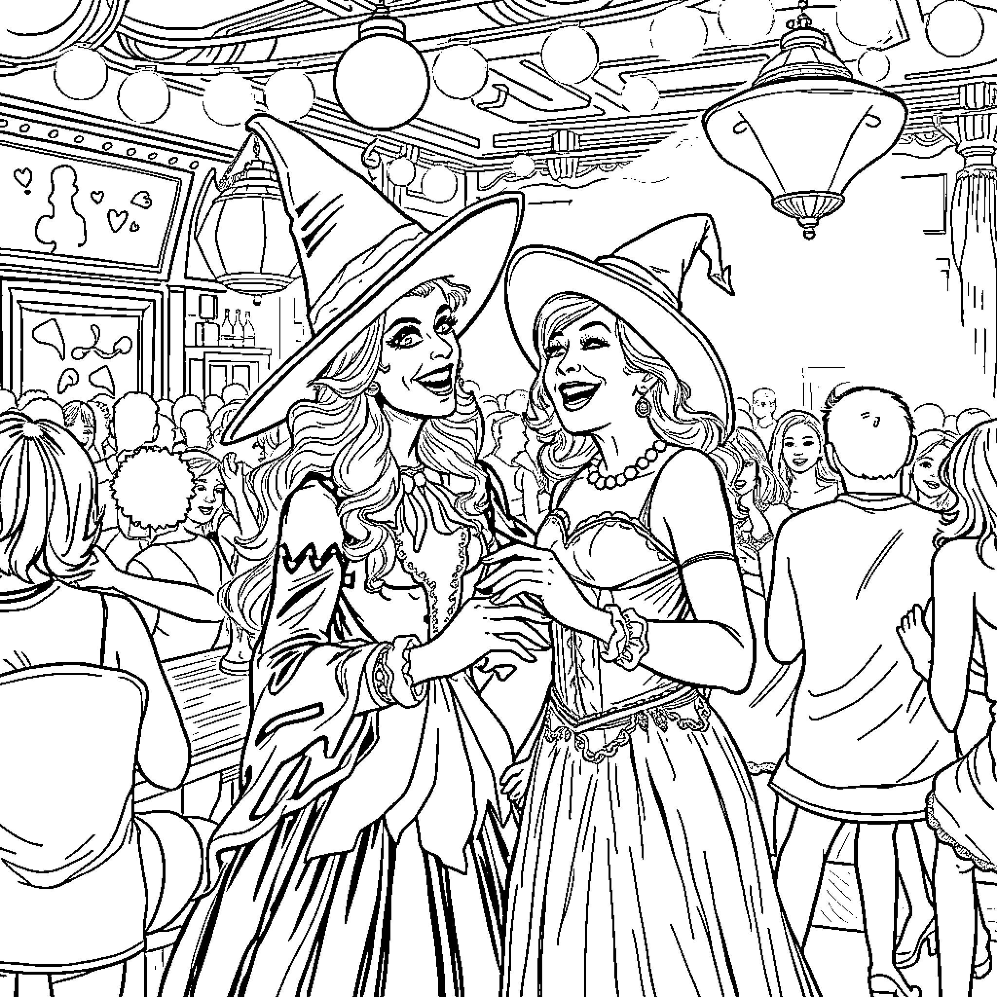 Glinda and Elphaba enjoying a joyful gathering Coloring Page (free black-and-white line drawing printable PDF for all, from beginners to advanced learners, including children, teens, adults, and seniors)