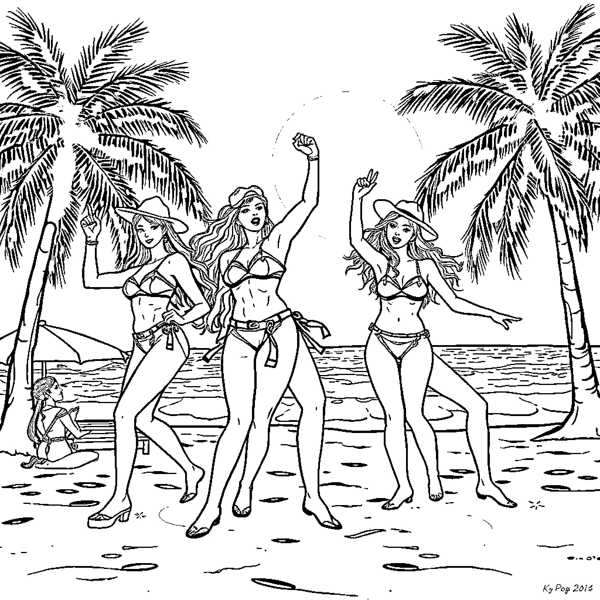 Guerrera Beach Babes Frolicking in the Sand Coloring Page (free black-and-white line drawing printable PDF for all, from beginners to advanced learners, including children, teens, adults, and seniors)