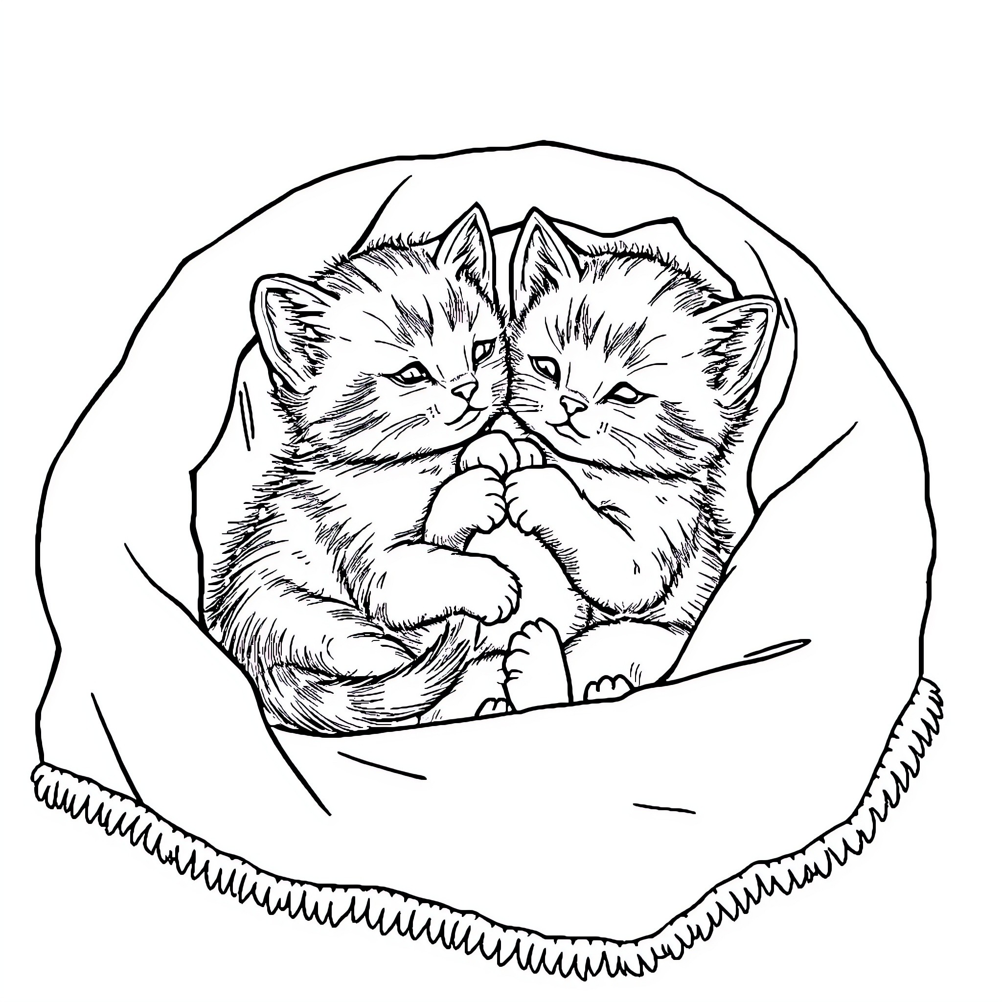 Kittens snuggled in cozy blanket Coloring Page (free black-and-white line drawing printable PDF for all, from beginners to advanced learners, including children, teens, adults, and seniors)